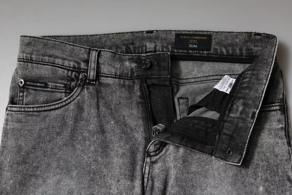 Dolce & Gabbana Graue Logo-Plakette Baumwolle Slim Fit Denim Jeans-7