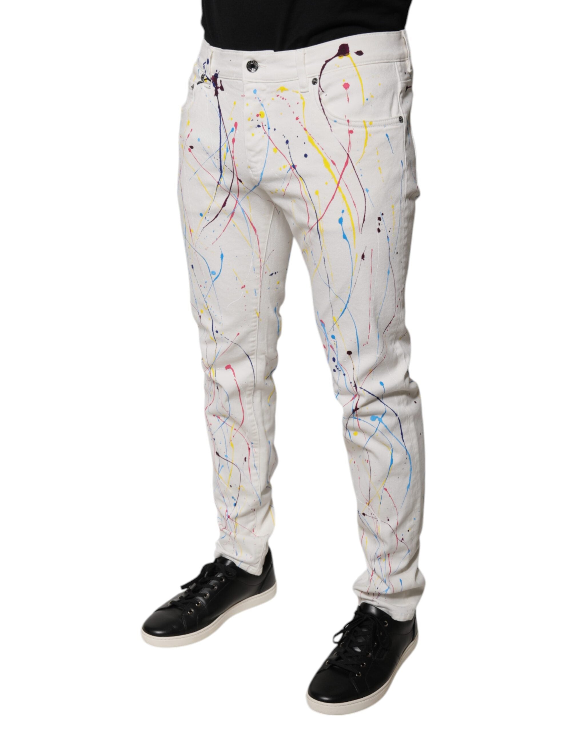 Dolce & Gabbana White Skinny Denim Jeans with Paint Splashes-3