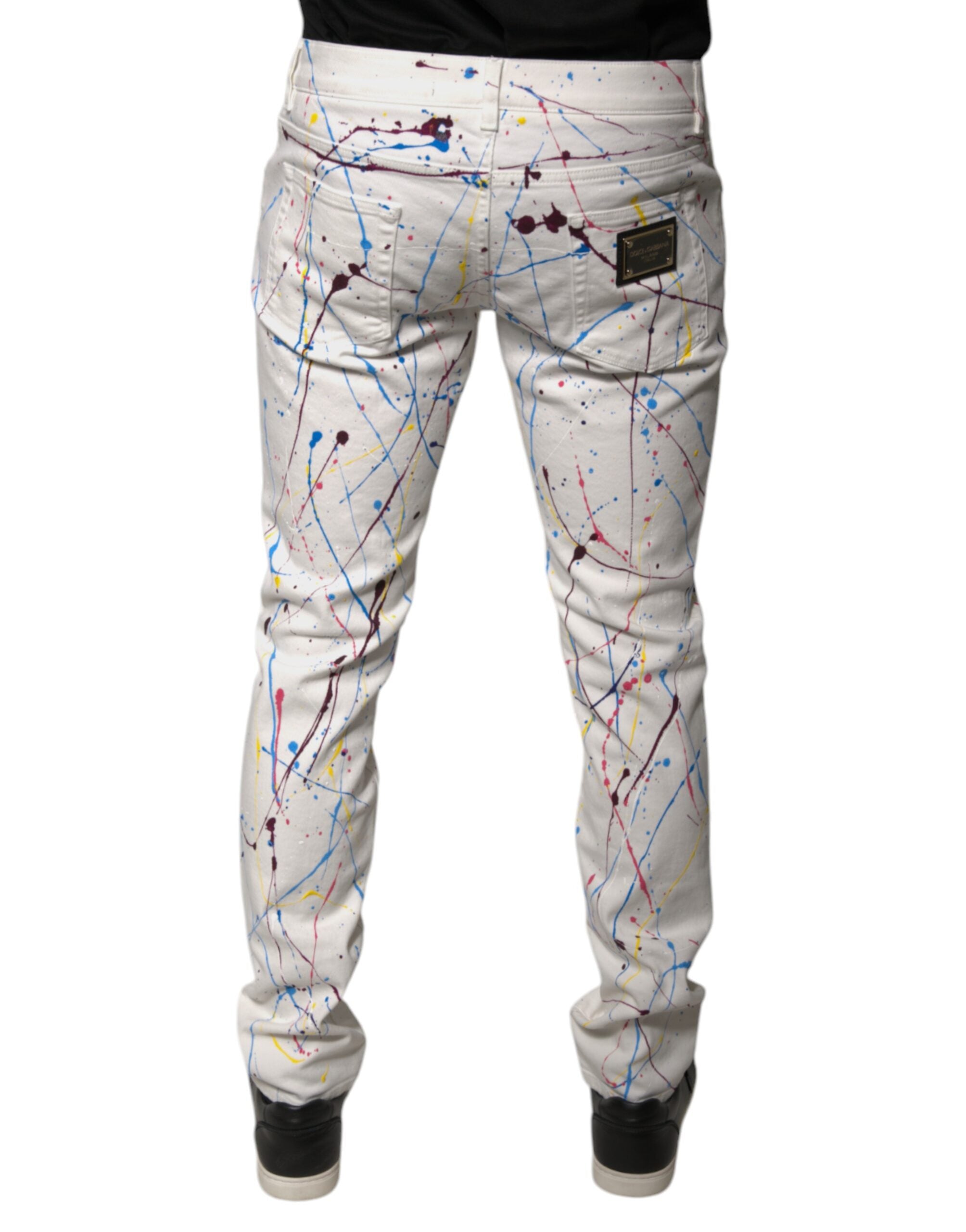 Dolce & Gabbana White Skinny Denim Jeans with Paint Splashes-4