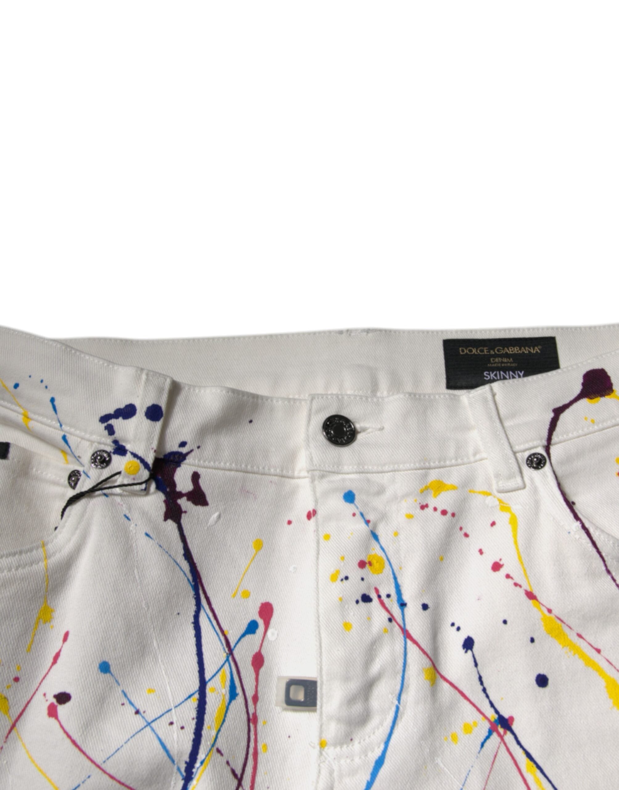 Dolce & Gabbana White Skinny Denim Jeans with Paint Splashes-5