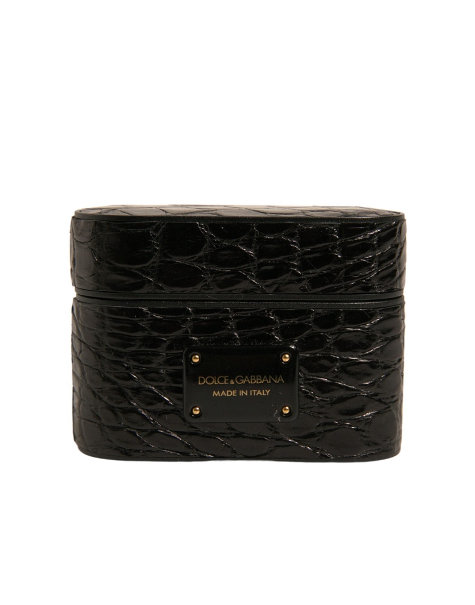 Estuche para AirPods con placa metálica y logotipo de Dolce & Gabbana en cuero negro-2