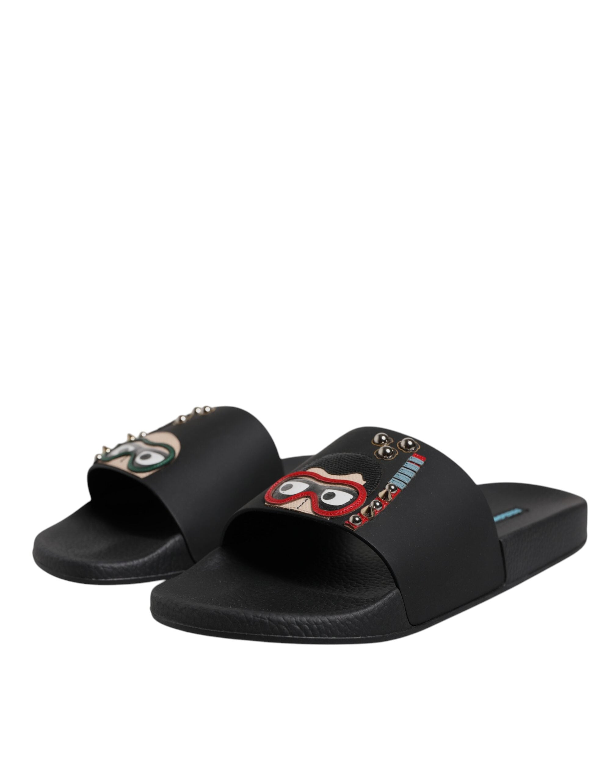 Dolce & Gabbana Schwarz Divers Leder Flats Slides Sandalen Beachwear Schuhe-1