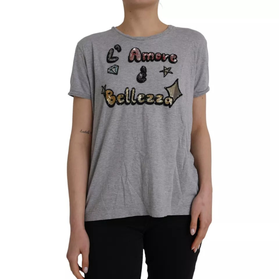 Dolce & Gabbana Gray Cotton L'Amore E'Bellezza Top T-shirt-1