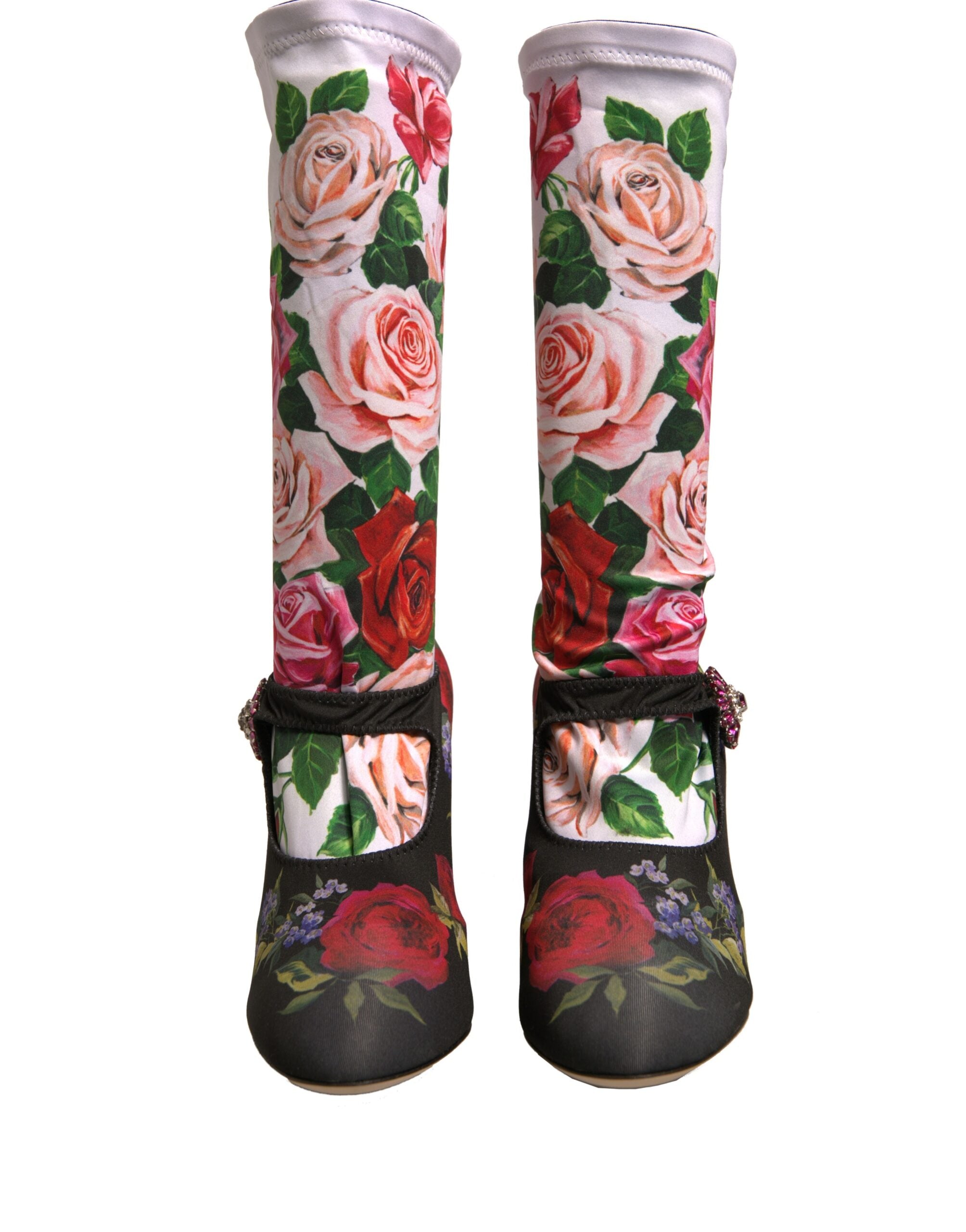 Dolce & Gabbana Black Floral Socks Crystal Boots Jersey Shoes-2