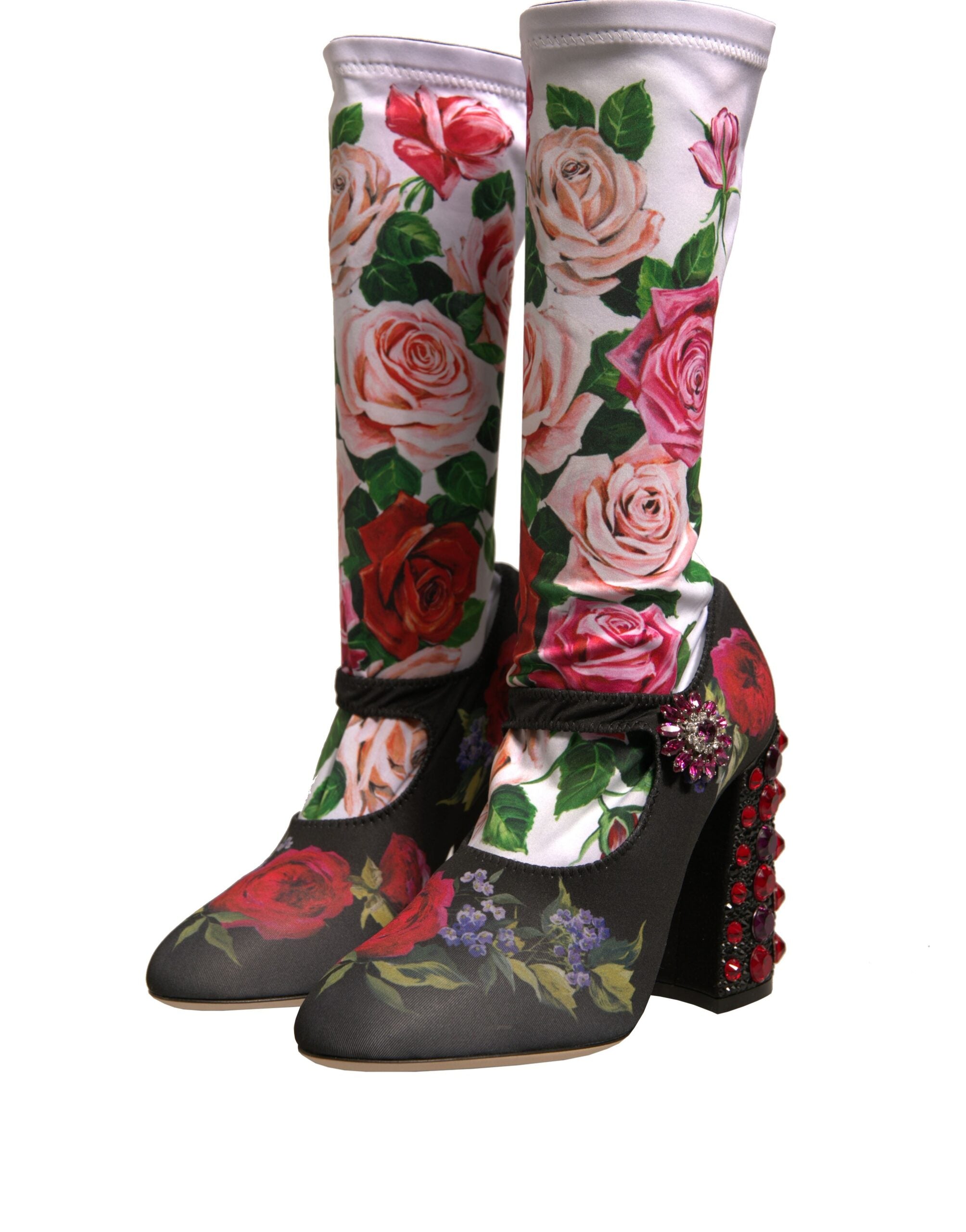 Dolce & Gabbana Black Floral Socks Crystal Boots Jersey Shoes-3