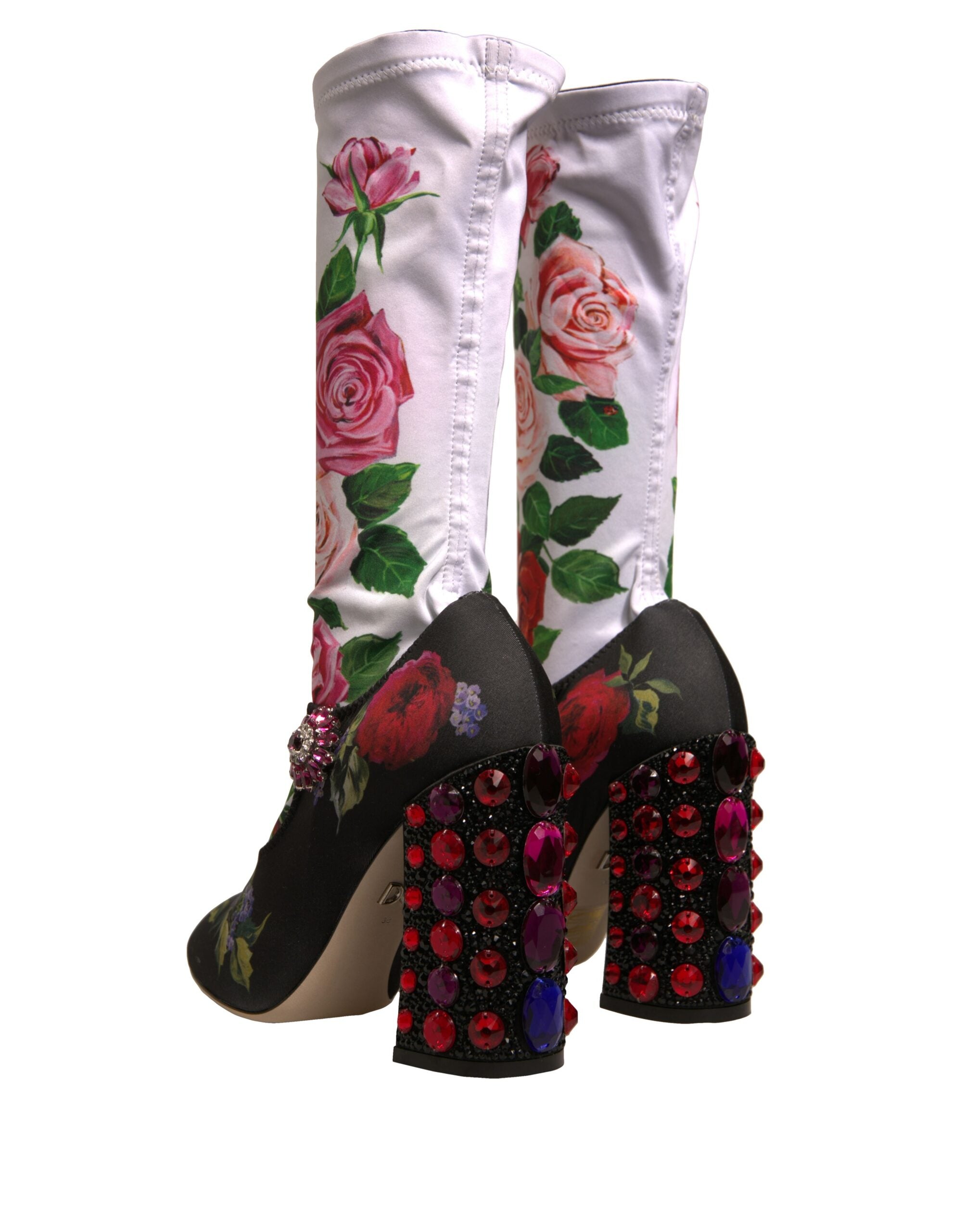 Dolce & Gabbana Black Floral Socks Crystal Boots Jersey Shoes-4