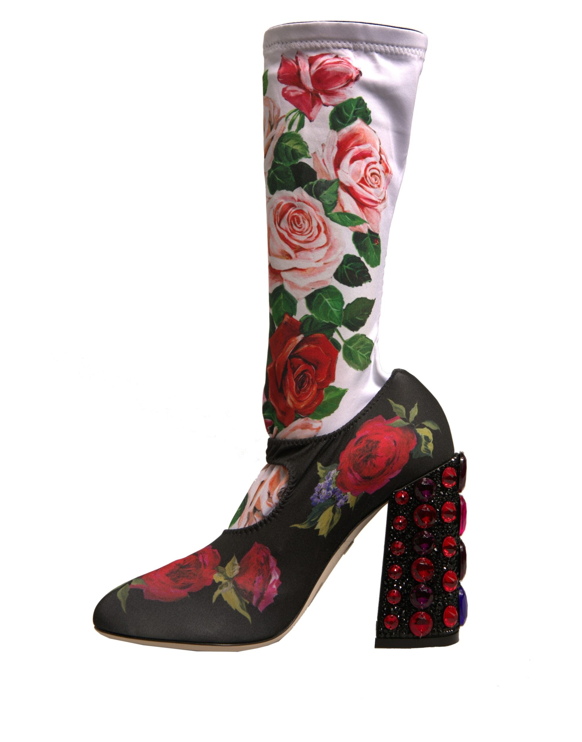 Dolce & Gabbana Black Floral Socks Crystal Boots Jersey Shoes-5