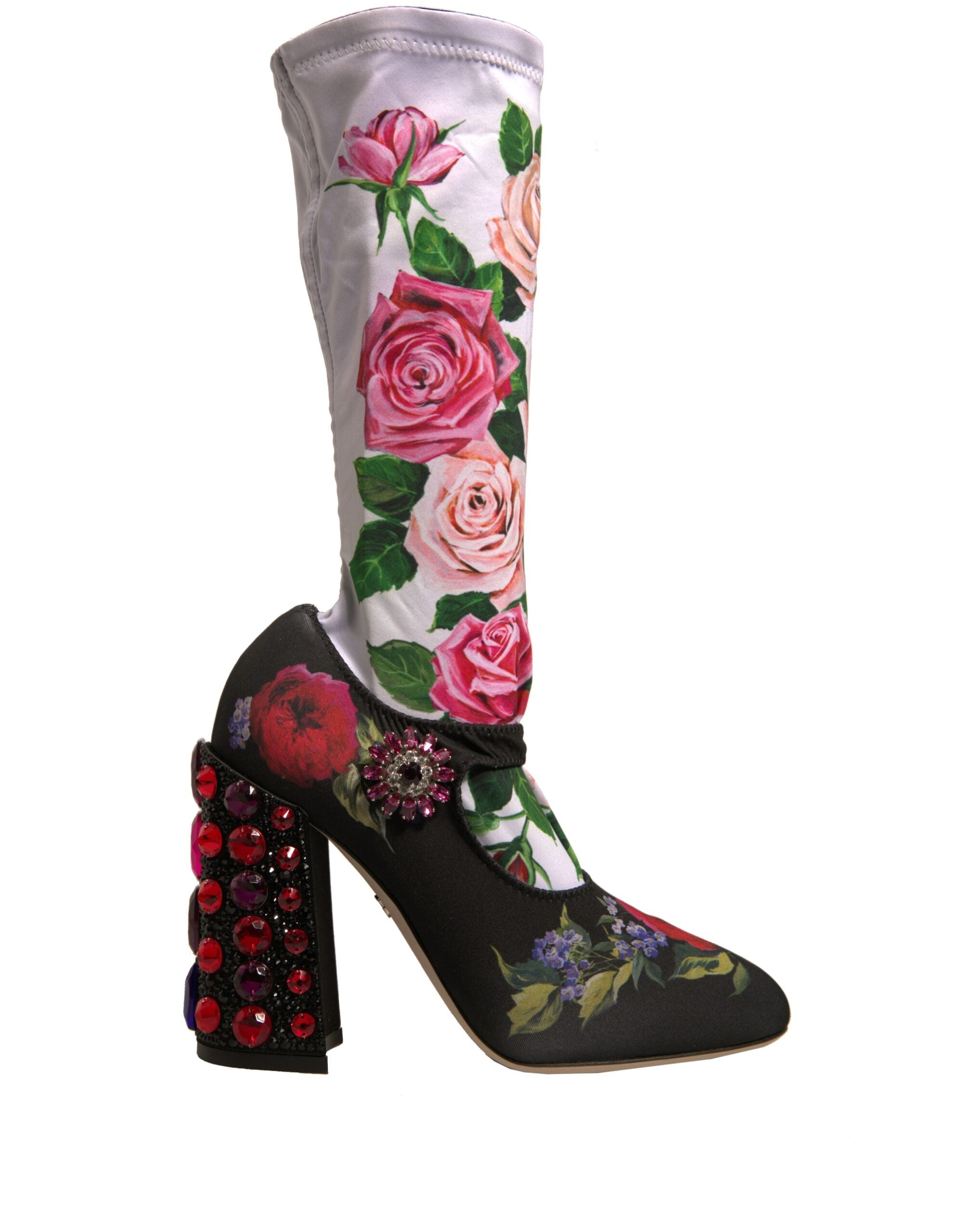Dolce & Gabbana Black Floral Socks Crystal Boots Jersey Shoes-1