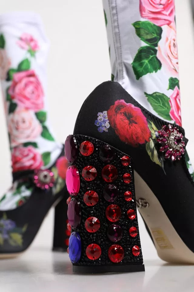 Dolce & Gabbana Black Floral Socks Crystal Boots Jersey Shoes-8