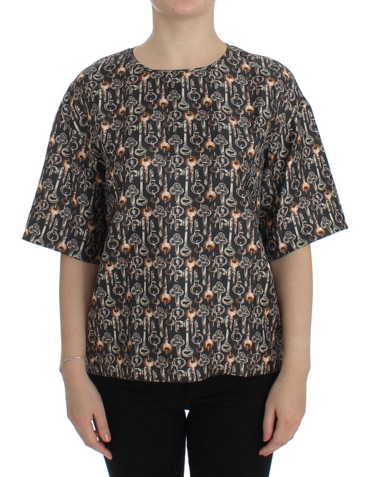 Dolce & Gabbana Grey Silk Blouse with Gold Key Print T-shirt-1