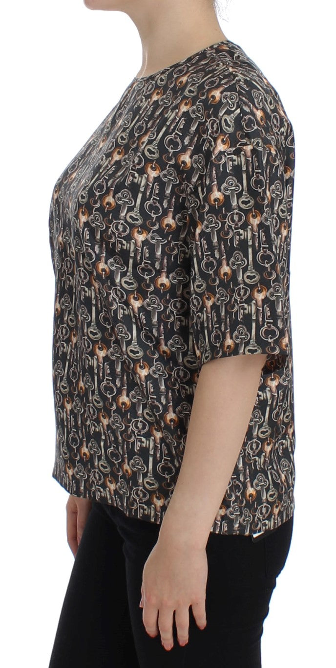 Dolce & Gabbana Grey Silk Blouse with Gold Key Print T-shirt-2