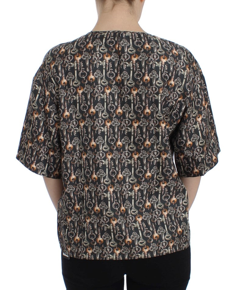 Dolce & Gabbana Grey Silk Blouse with Gold Key Print T-shirt-3