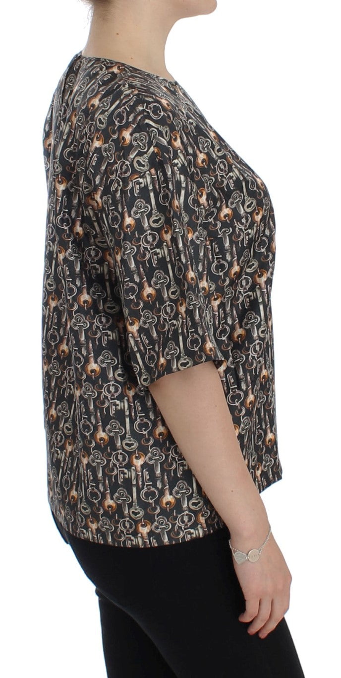Dolce & Gabbana Grey Silk Blouse with Gold Key Print T-shirt-4