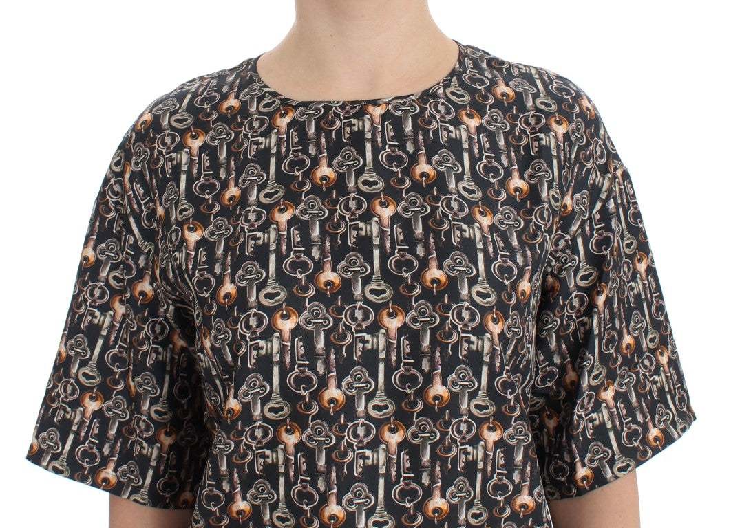 Dolce & Gabbana Grey Silk Blouse with Gold Key Print T-shirt-5