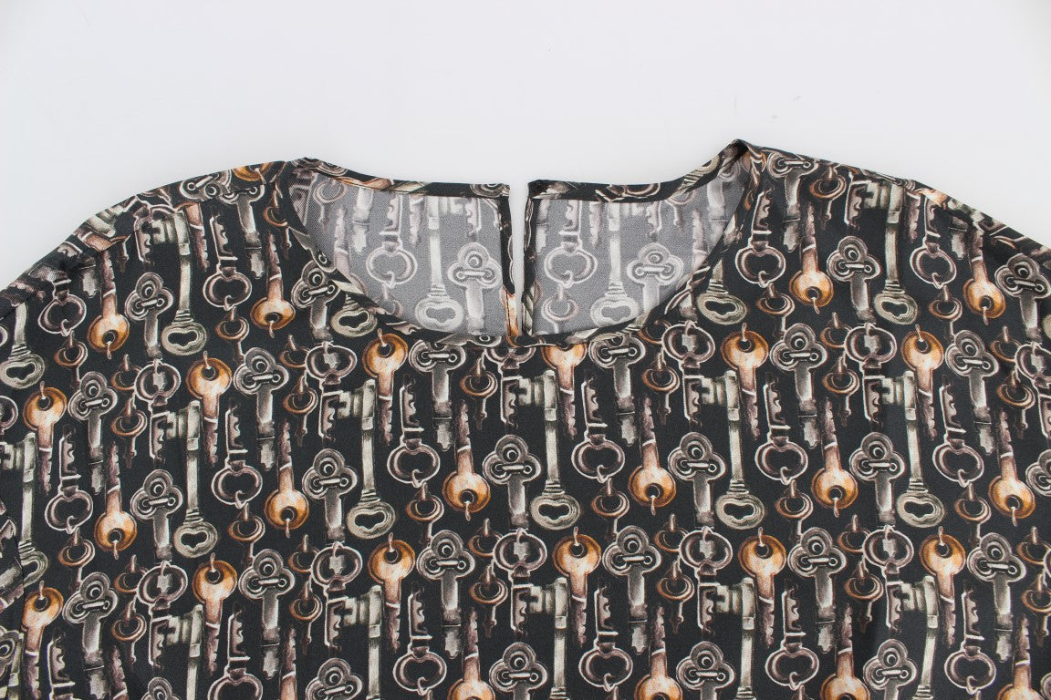 Dolce & Gabbana Grey Silk Blouse with Gold Key Print T-shirt-6