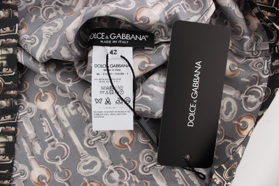 Dolce & Gabbana Grey Silk Blouse with Gold Key Print T-shirt-7