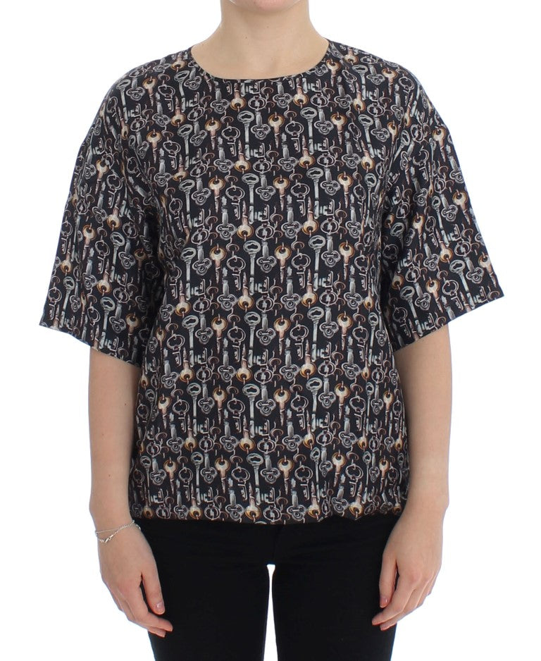 Dolce & Gabbana Grey Silk Blouse with Gold Key Print T-shirt-1