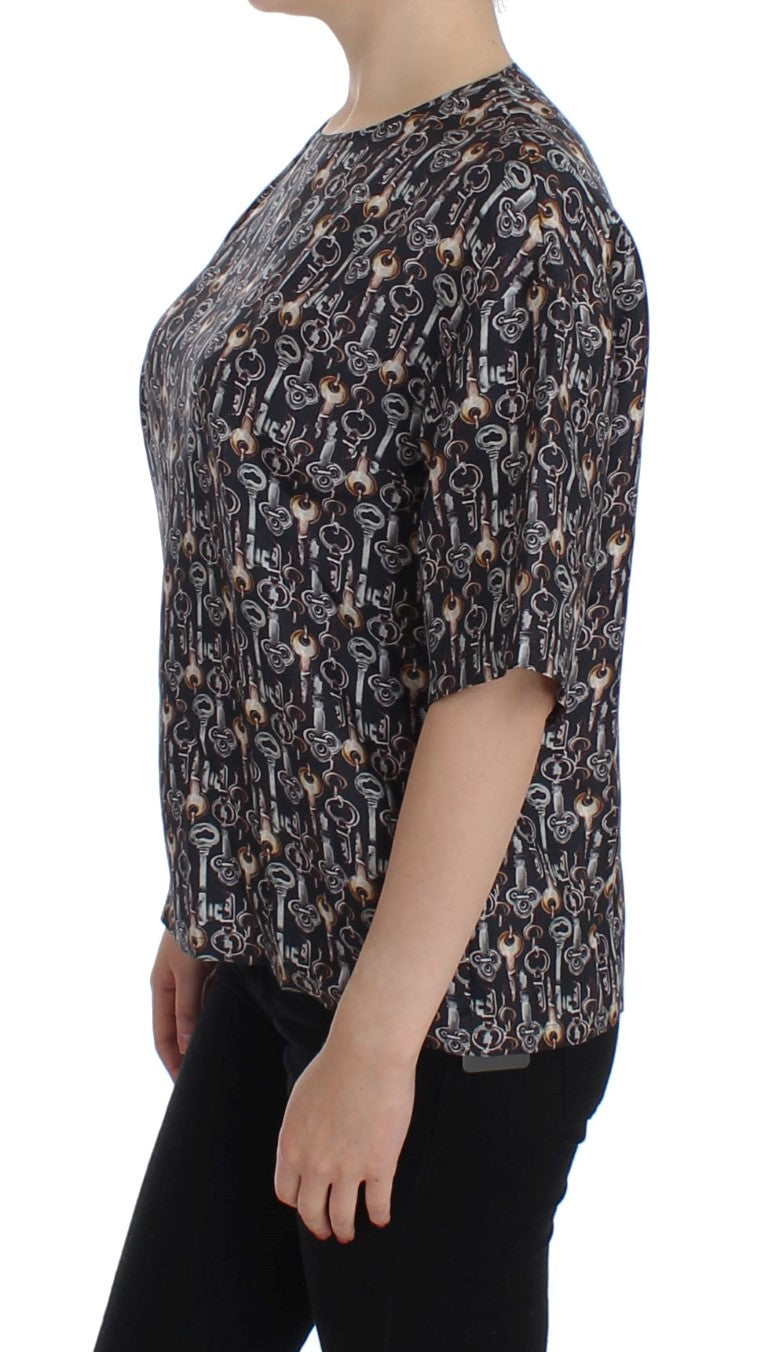 Dolce & Gabbana Grey Silk Blouse with Gold Key Print T-shirt-2