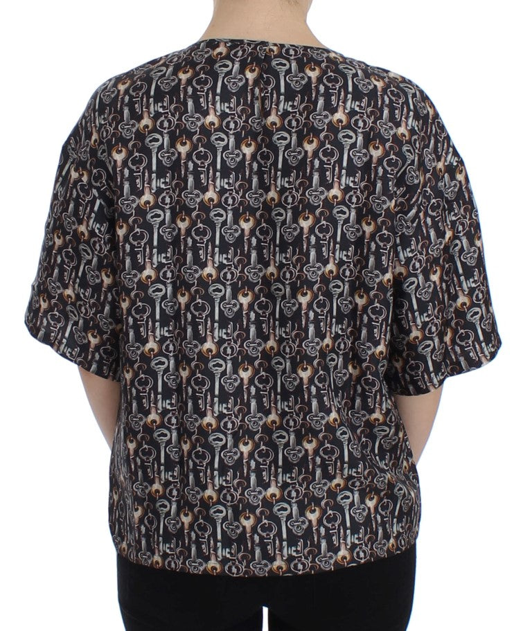 Dolce & Gabbana Grey Silk Blouse with Gold Key Print T-shirt-3