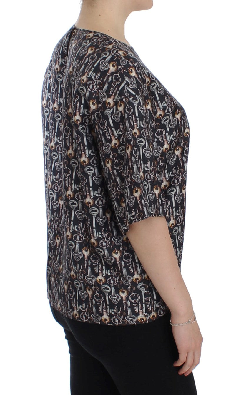 Dolce & Gabbana Grey Silk Blouse with Gold Key Print T-shirt-4