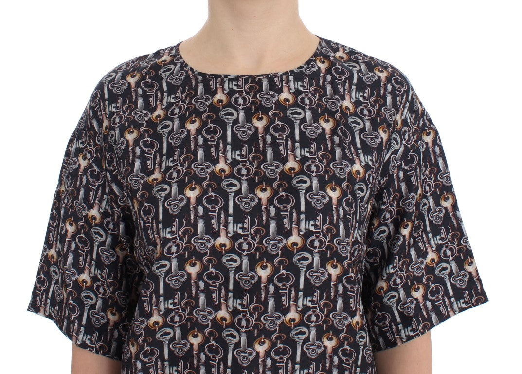 Dolce & Gabbana Grey Silk Blouse with Gold Key Print T-shirt-5