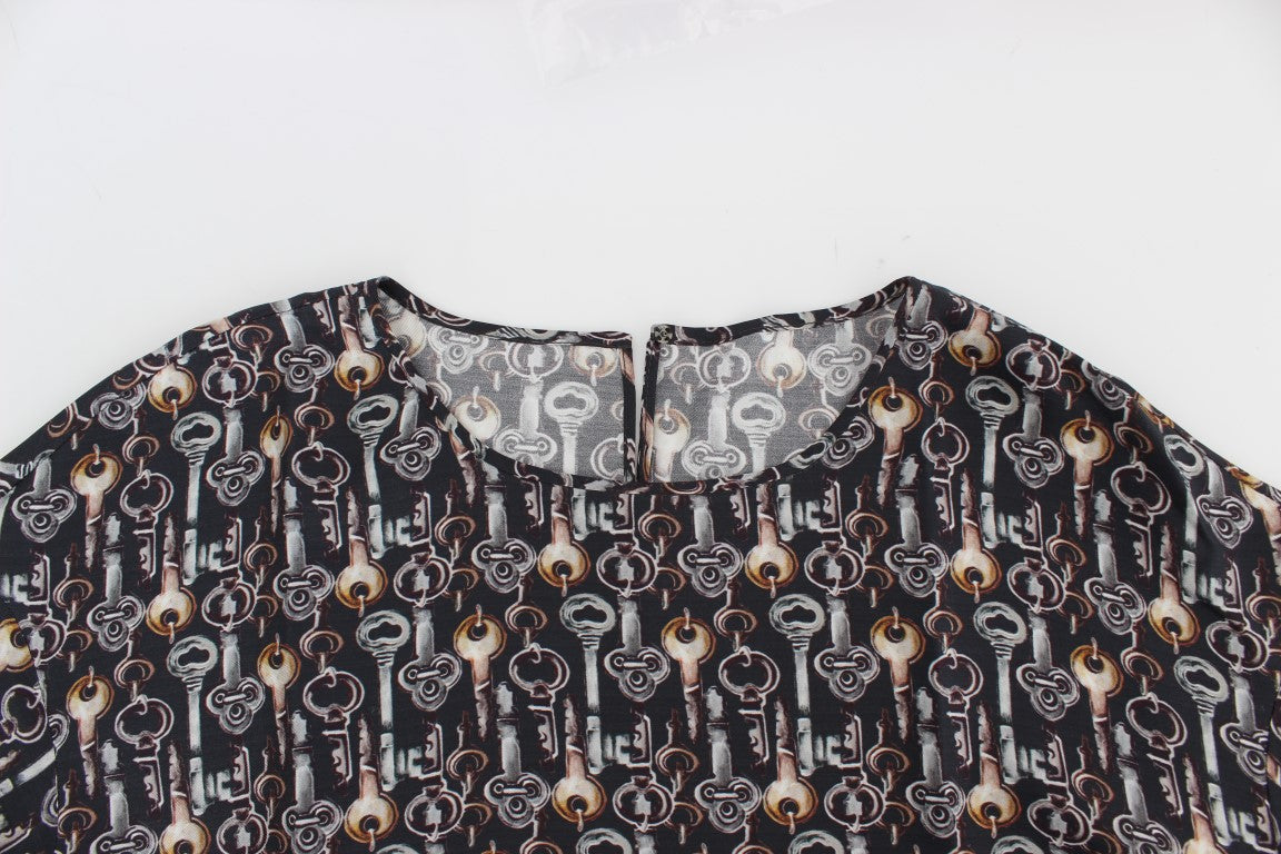 Dolce & Gabbana Grey Silk Blouse with Gold Key Print T-shirt-6