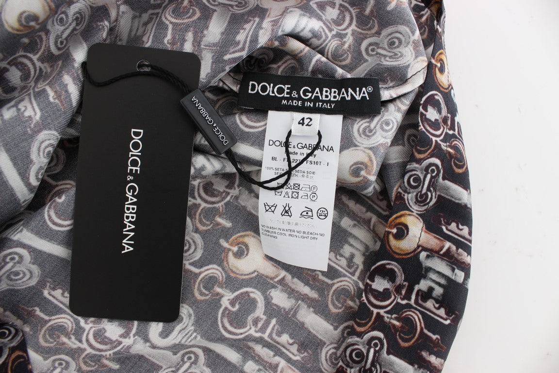 Dolce & Gabbana Grey Silk Blouse with Gold Key Print T-shirt-7