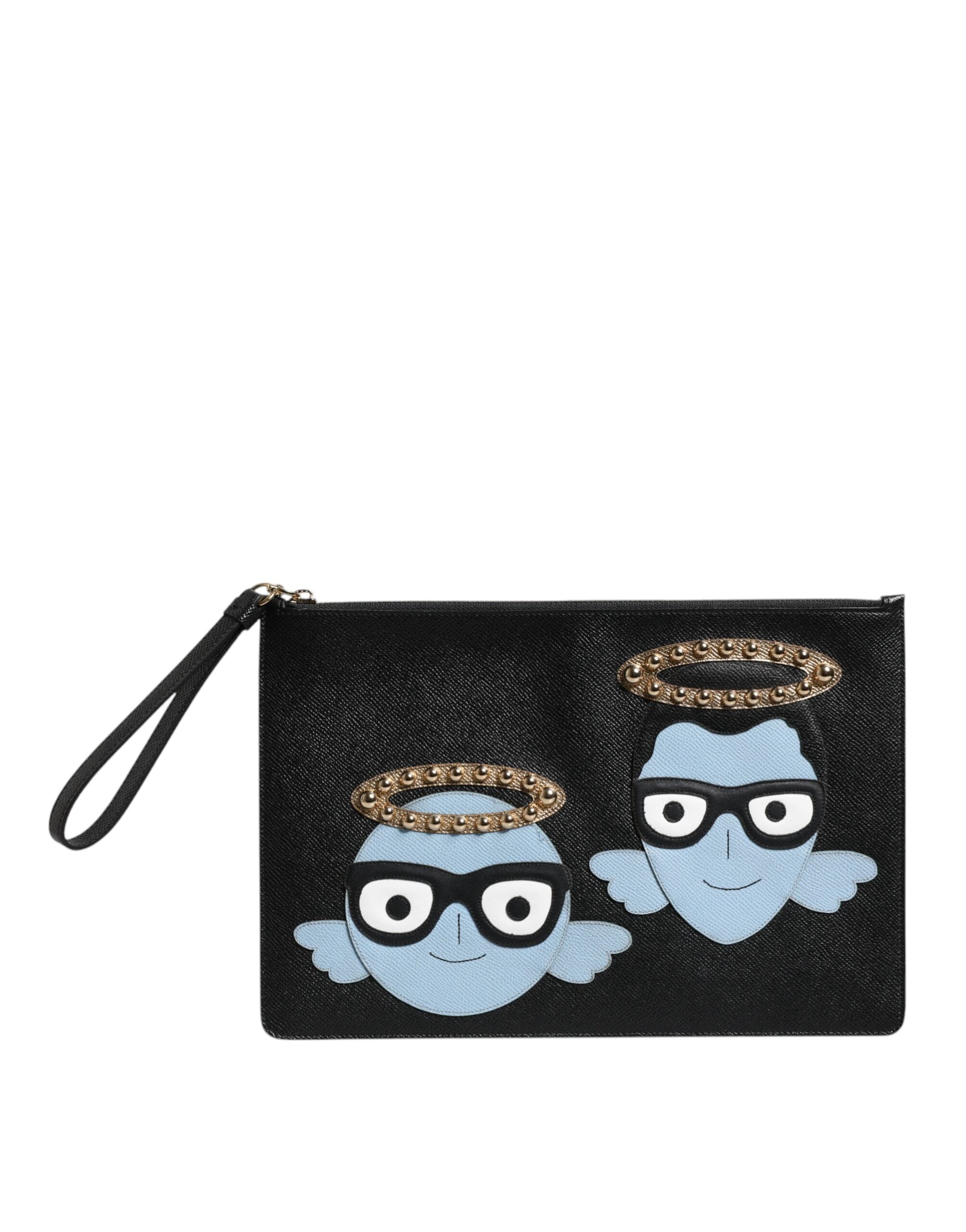 Dolce & Gabbana Black Leather #DGFAMILY Embellished Men's Zip Pouch Bag-2