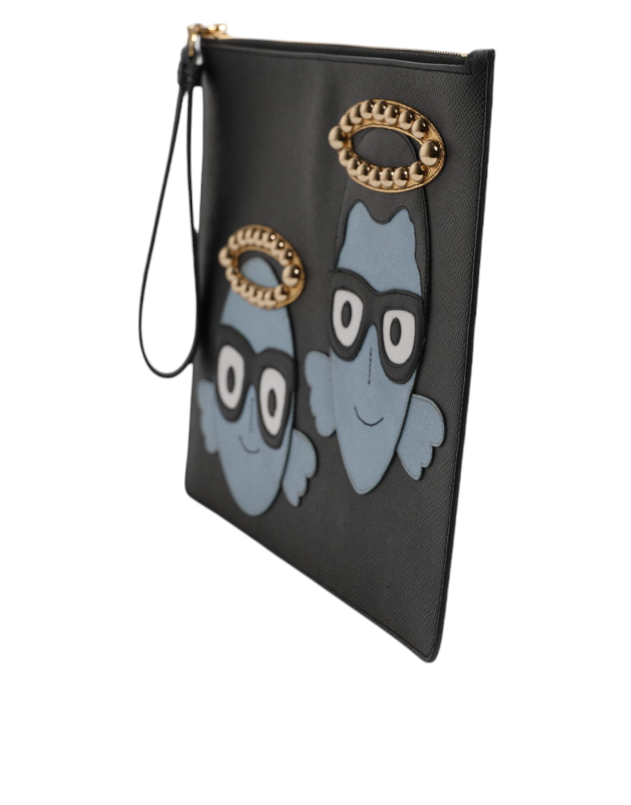 Dolce & Gabbana Black Leather #DGFAMILY Embellished Men's Zip Pouch Bag-3