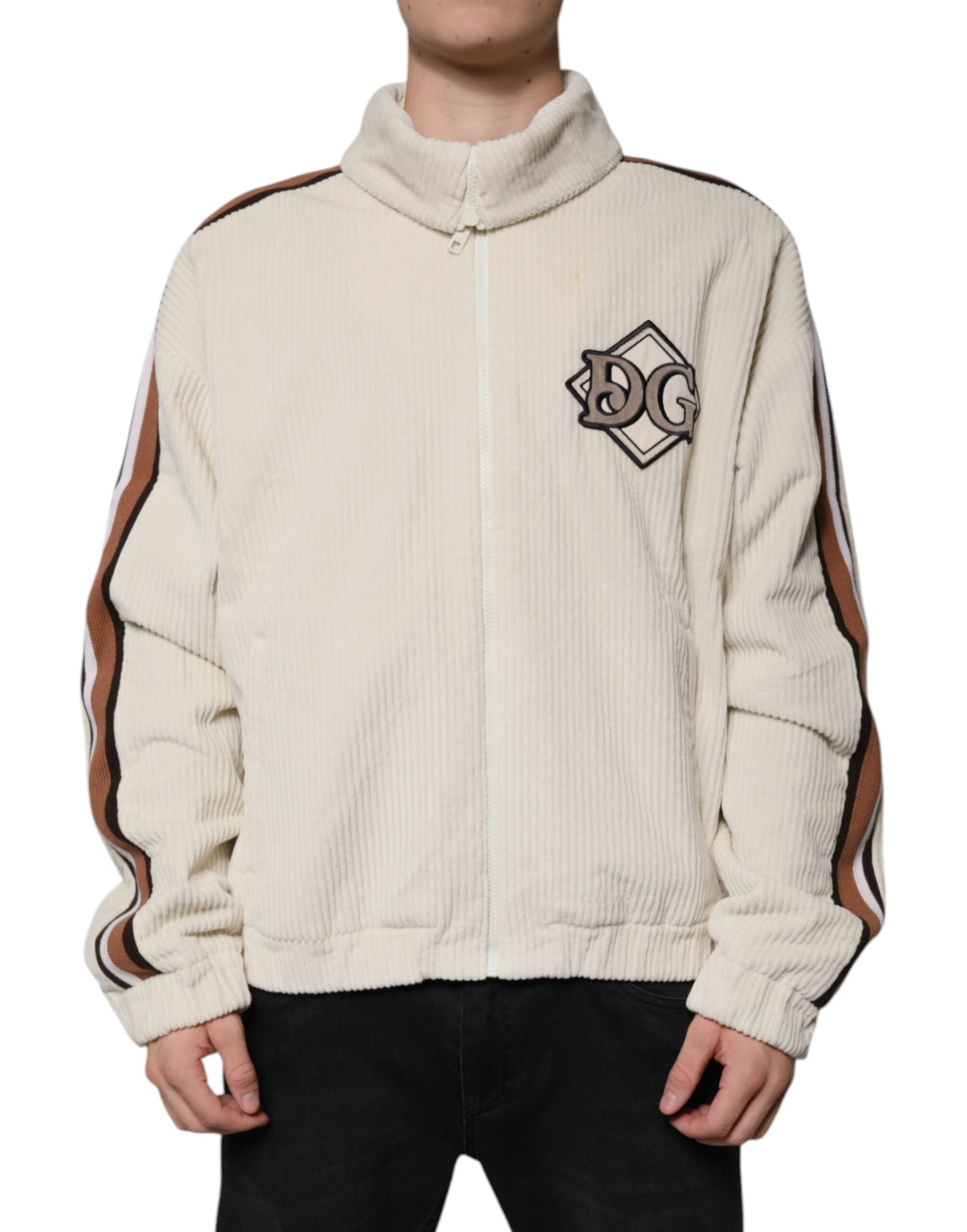 Dolce & Gabbana Beige Logo Appliqué Cotton Corduroy Jacket with Zipper