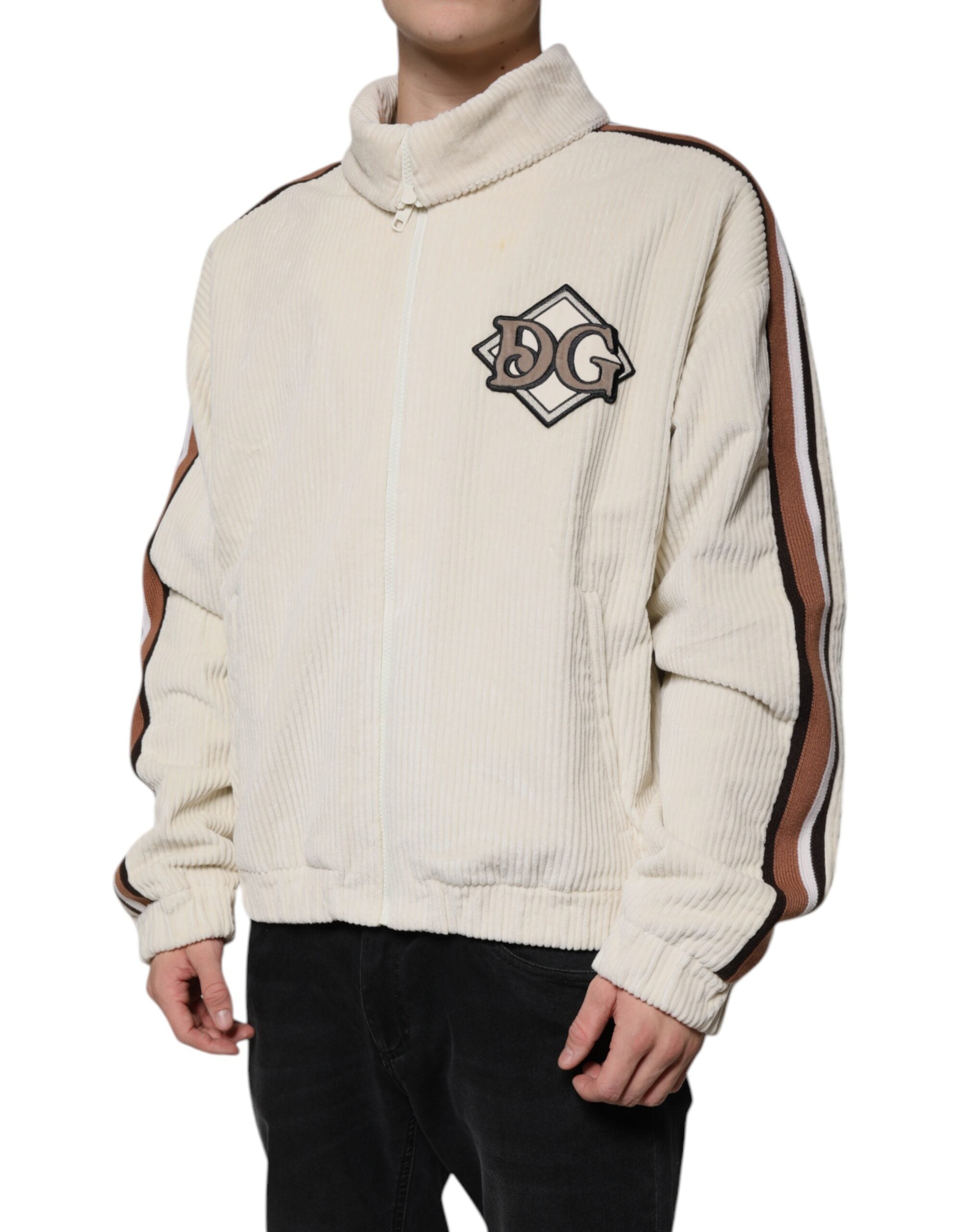 Chaqueta de pana de algodón con cremallera y aplique de logotipo beige de Dolce & Gabbana-3