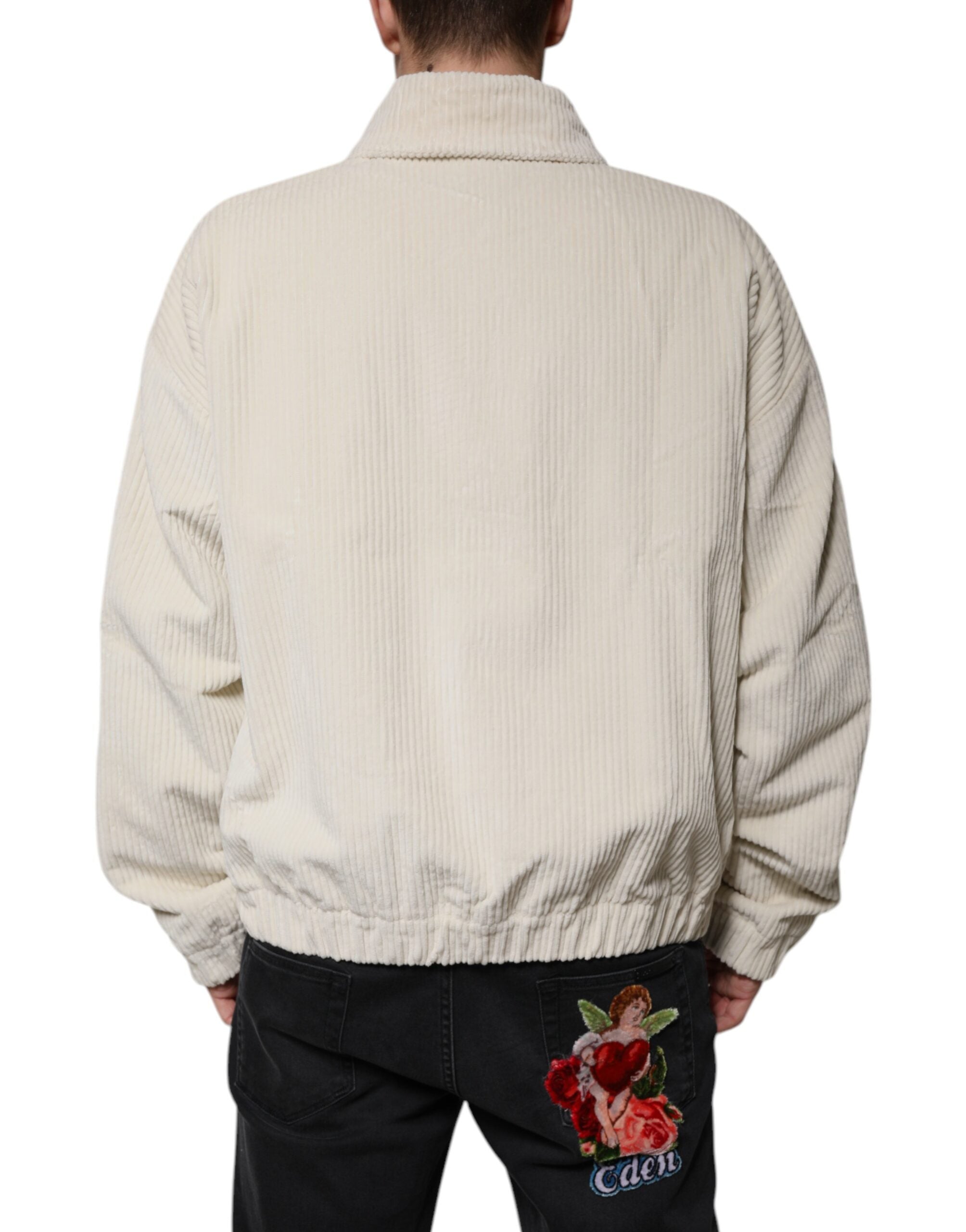 Chaqueta de pana de algodón con cremallera y aplique de logotipo beige de Dolce & Gabbana-4