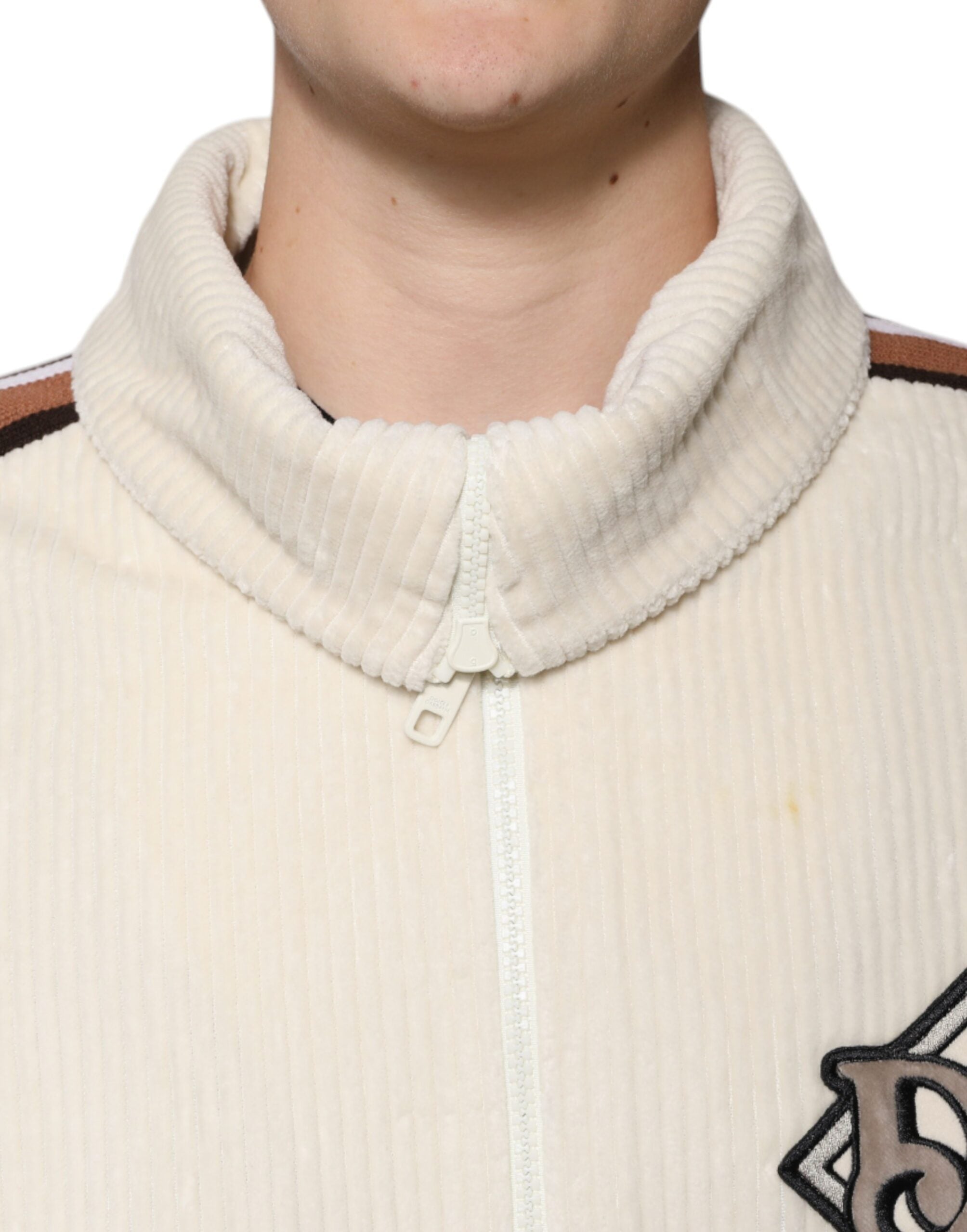 Chaqueta de pana de algodón con cremallera y aplique de logotipo beige de Dolce & Gabbana-5