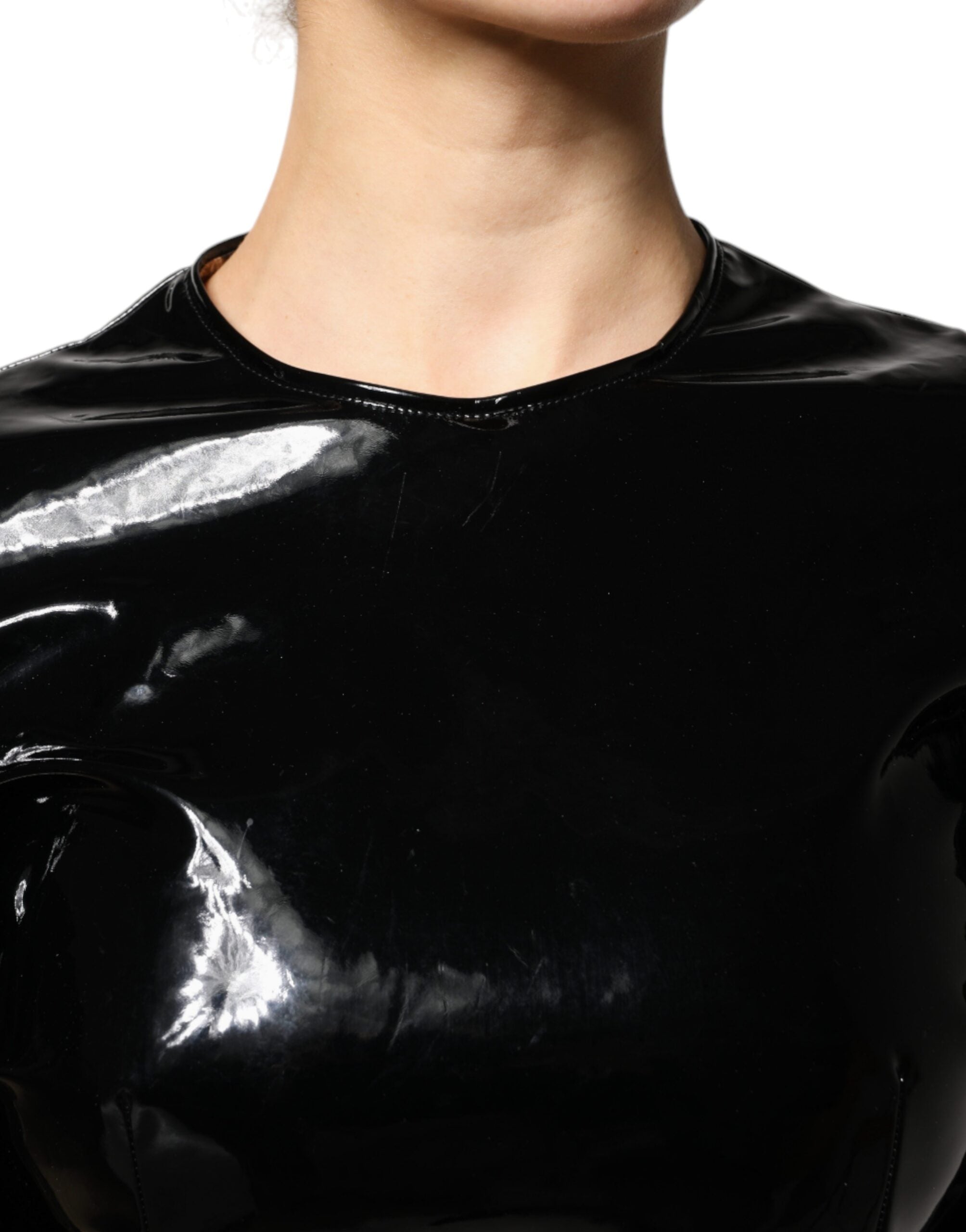 Dolce & Gabbana Schwarzes Lackleder Minikleid mit Puffärmeln-5