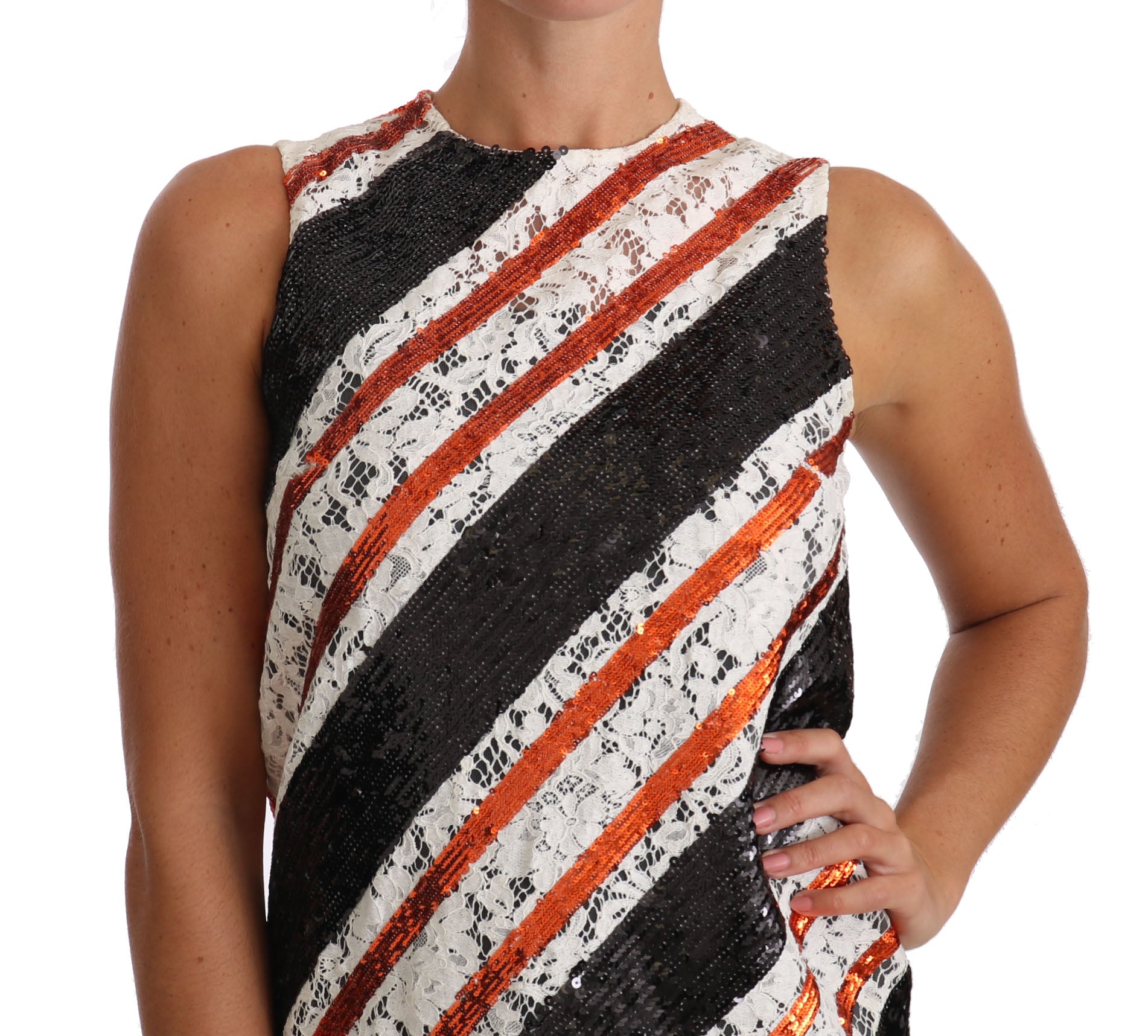 Dolce & Gabbana Weißes und orangefarbenes Sequin Kleid mit floraler Spitze und Verzierungen-4