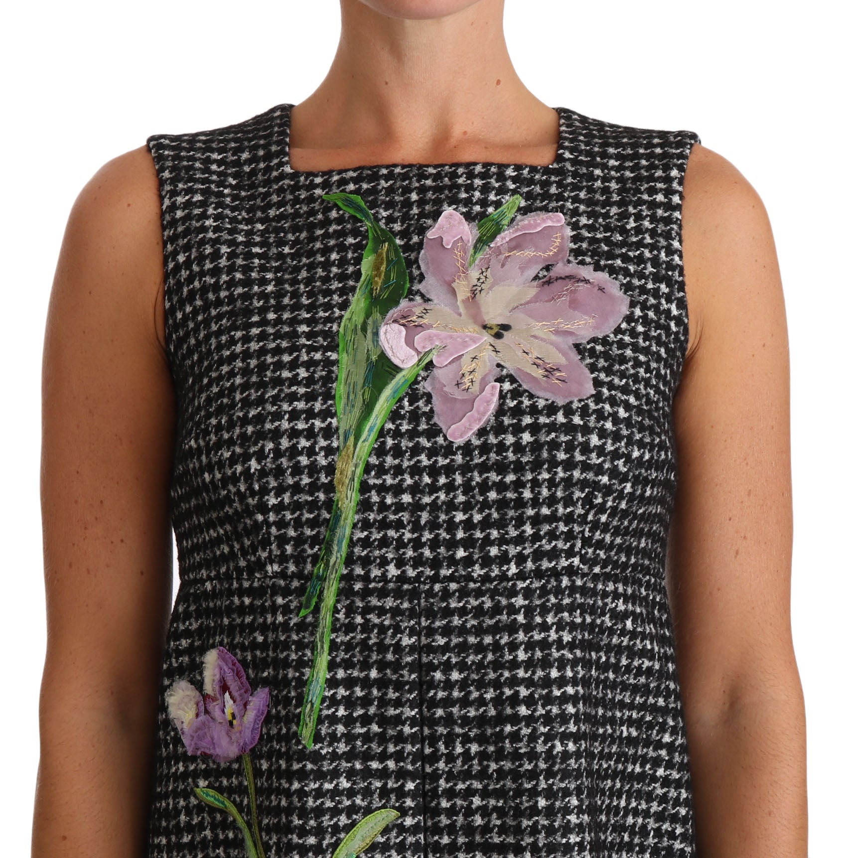 Vestido mini de pata de gallo gris con apliques florales de Dolce & Gabbana-3
