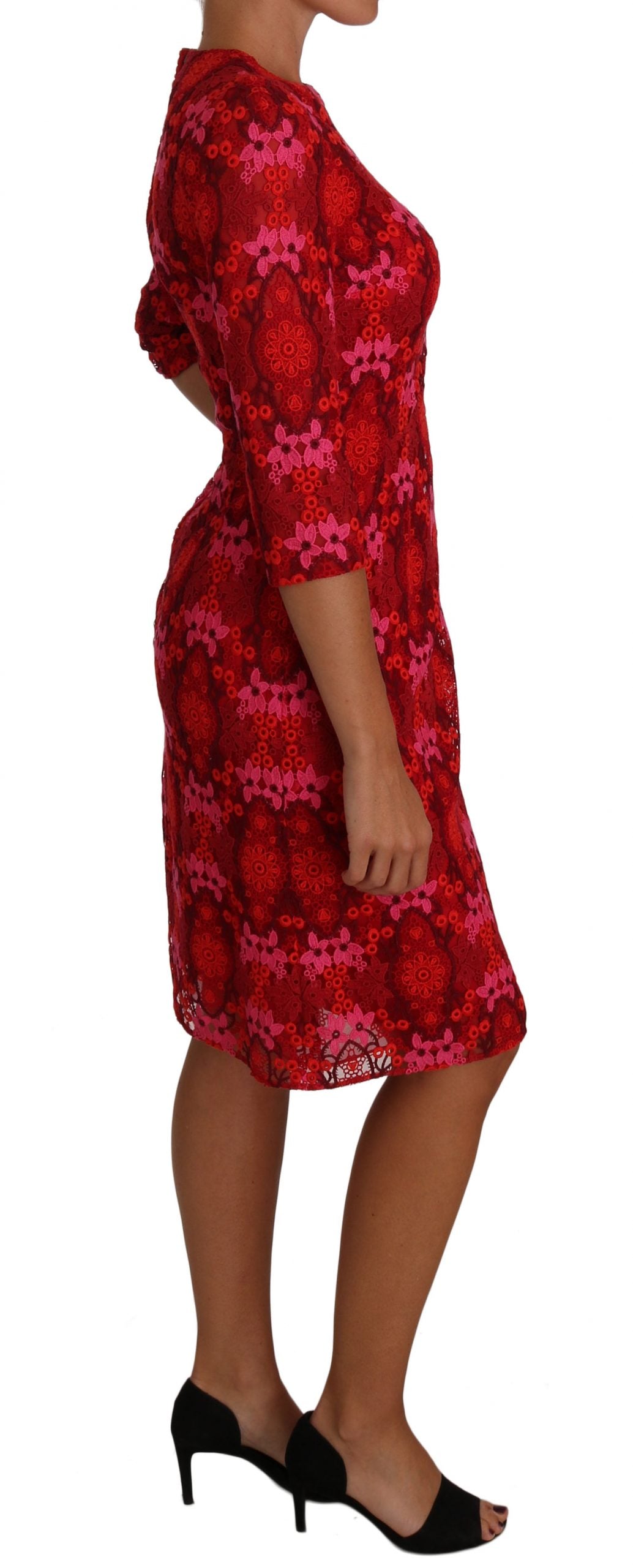Dolce & Gabbana Floral gehäkeltes Spitzenkleid in Rot-Rosa-5