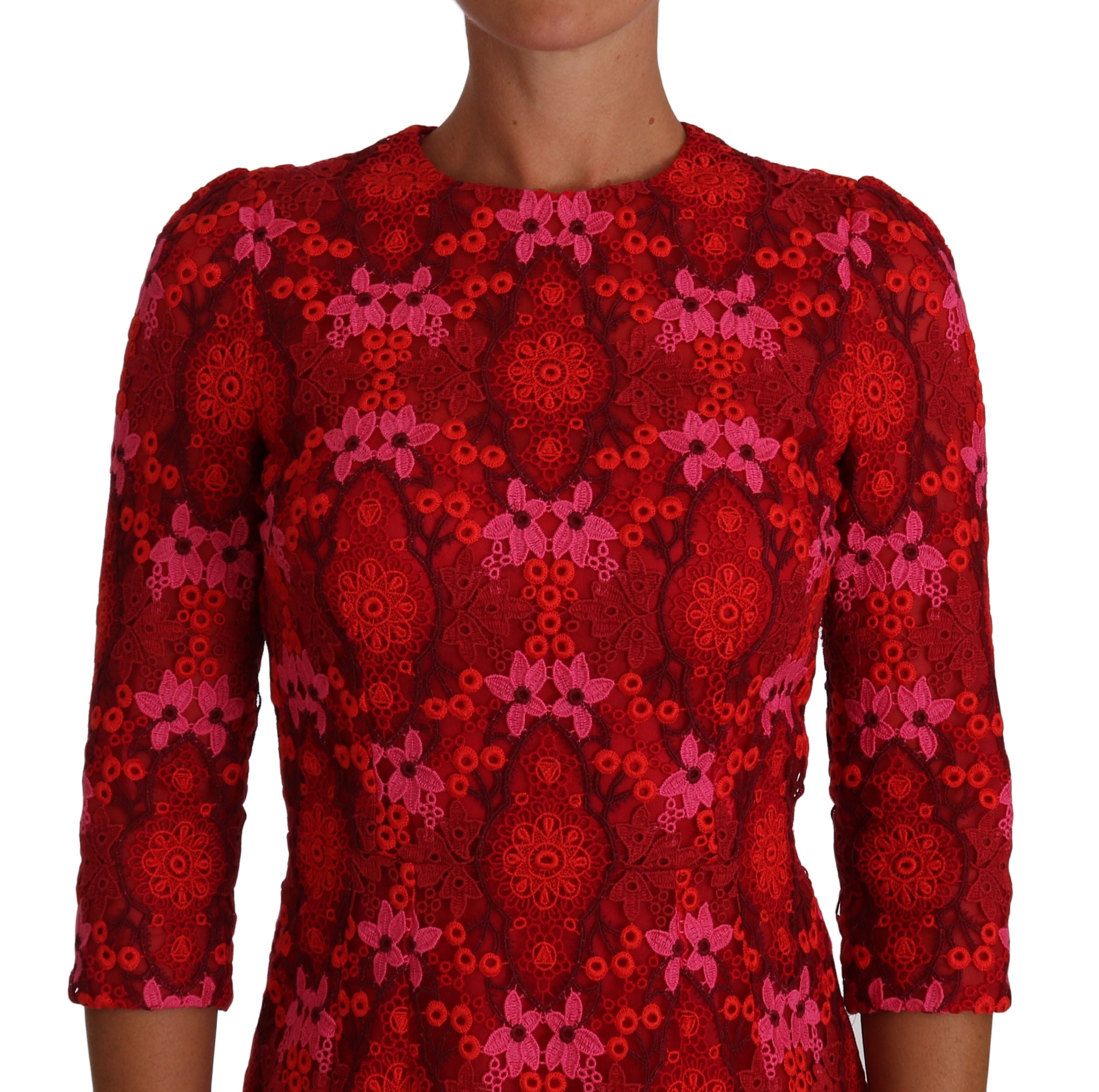 Dolce & Gabbana Floral gehäkeltes Spitzenkleid in Rot-Rosa-4