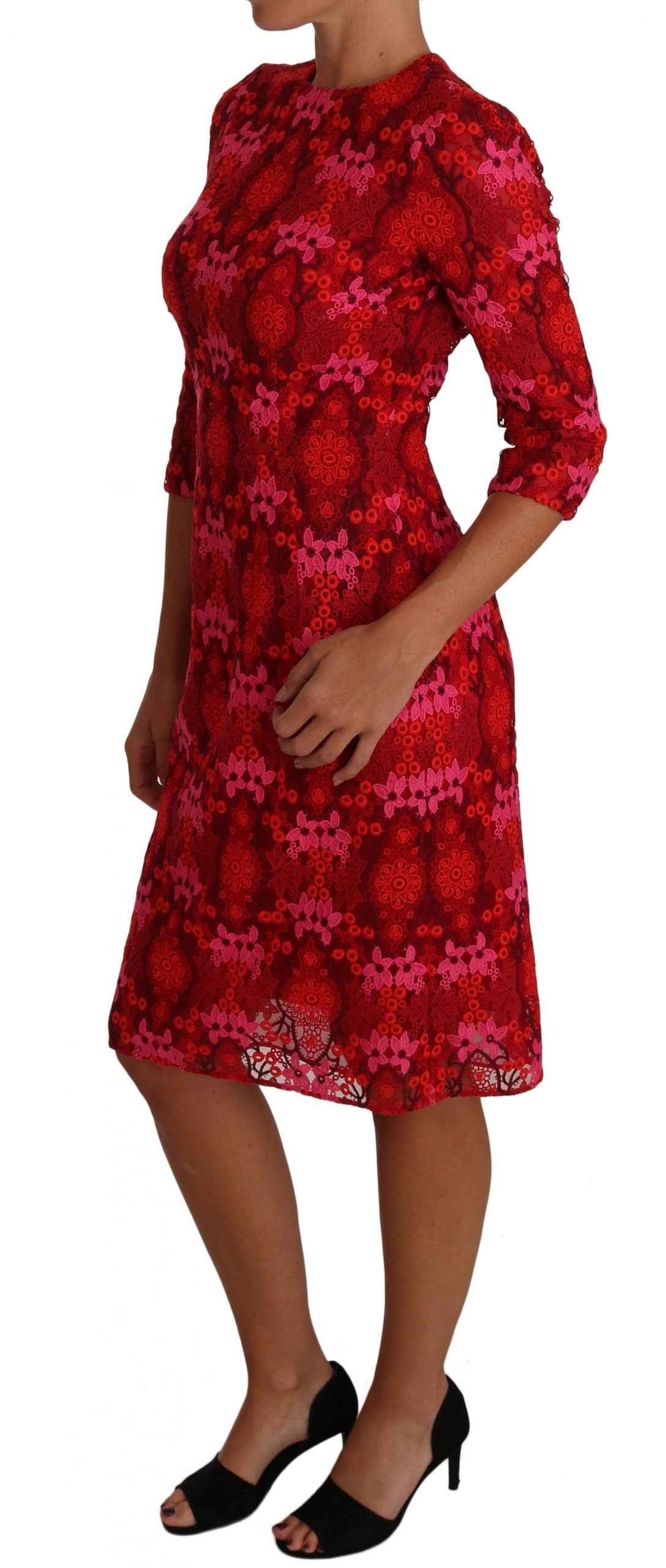 Dolce & Gabbana Floral gehäkeltes Spitzenkleid in Rot-Rosa-3