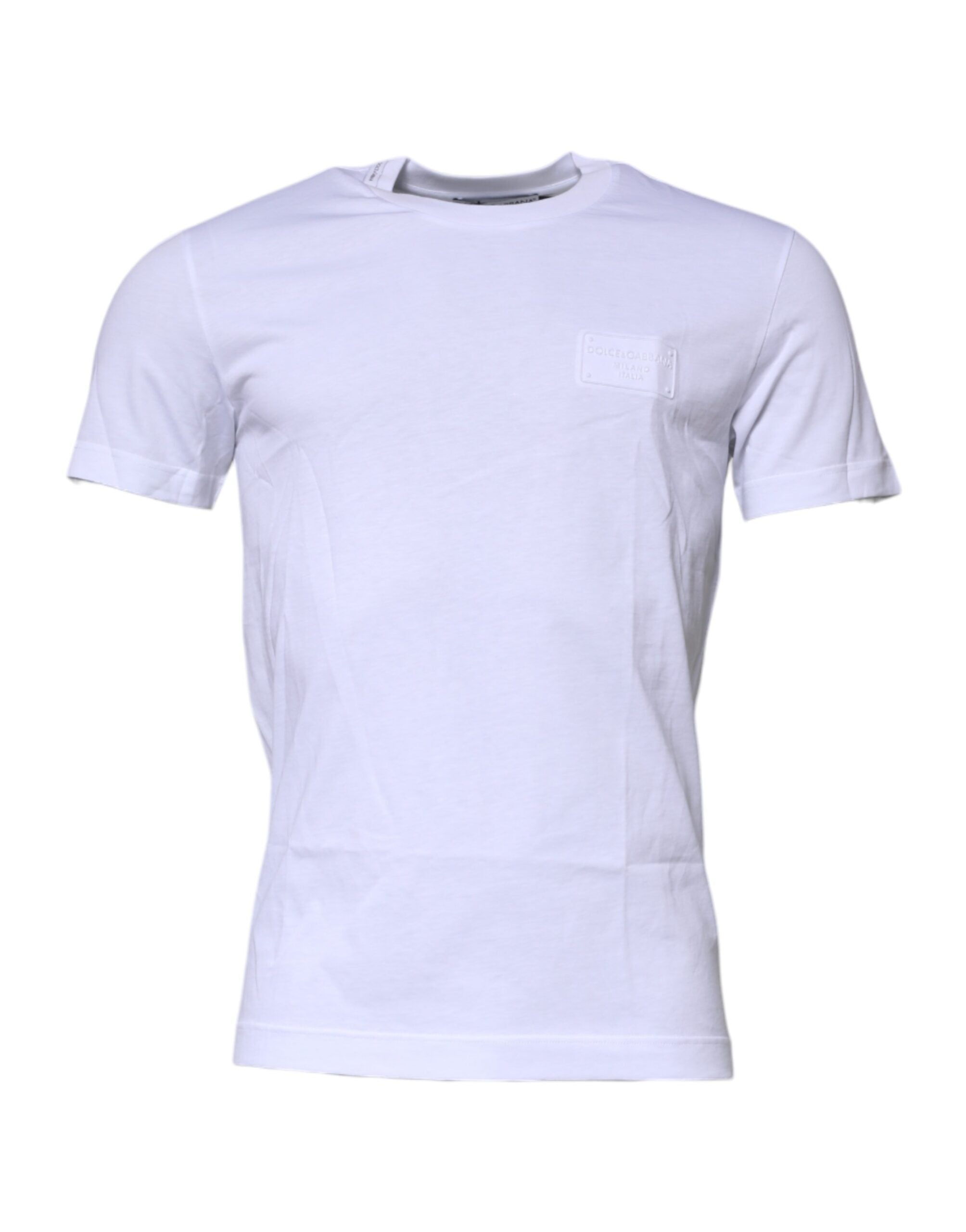 Dolce & Gabbana White Logo Plaque Cotton T-Shirt with Round Neck