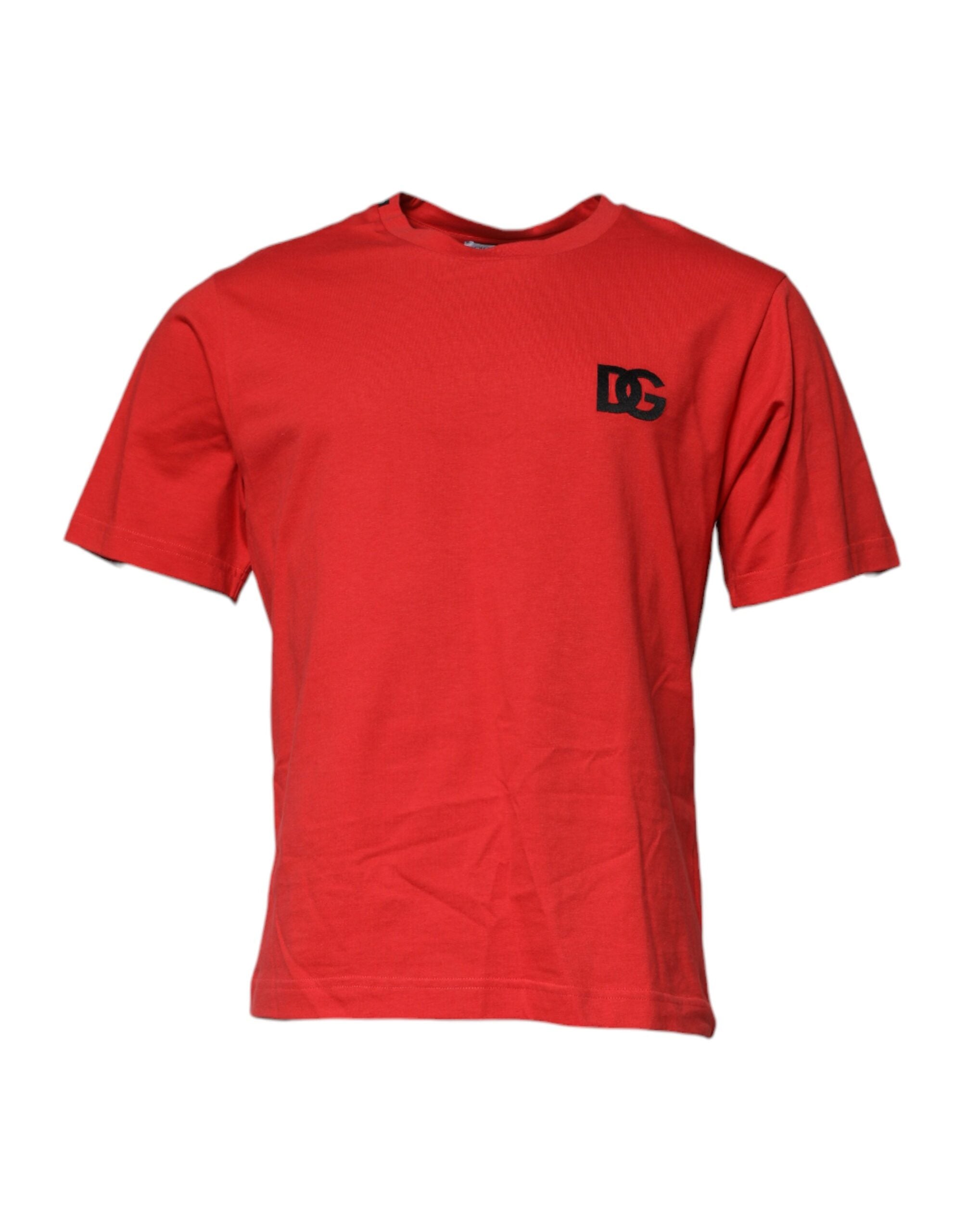 Dolce & Gabbana Red DG Logo Patch Cotton T-Shirt with Round Neck-2