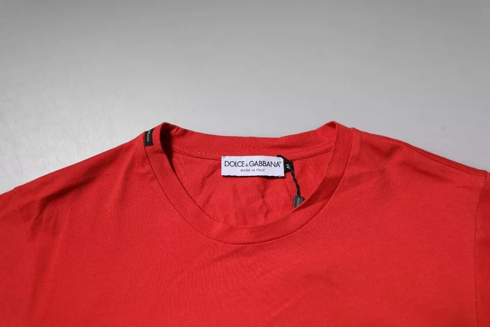 Dolce & Gabbana Red DG Logo Patch Cotton T-Shirt with Round Neck-5