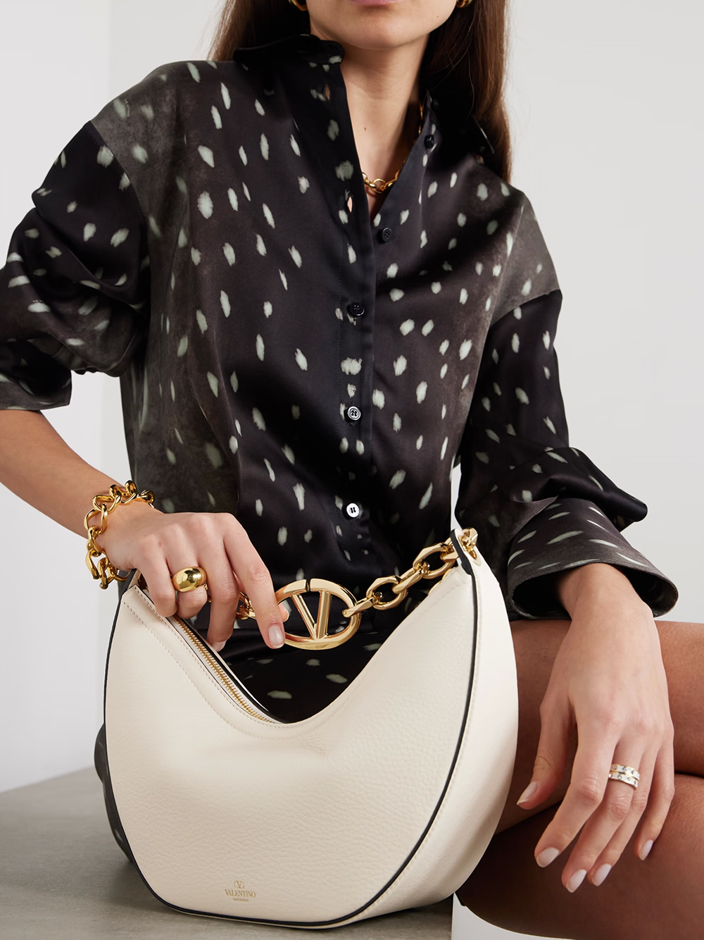 Valentino Garavani Ivory Leather Small Hobo Vlogo Shoulder Bag-6
