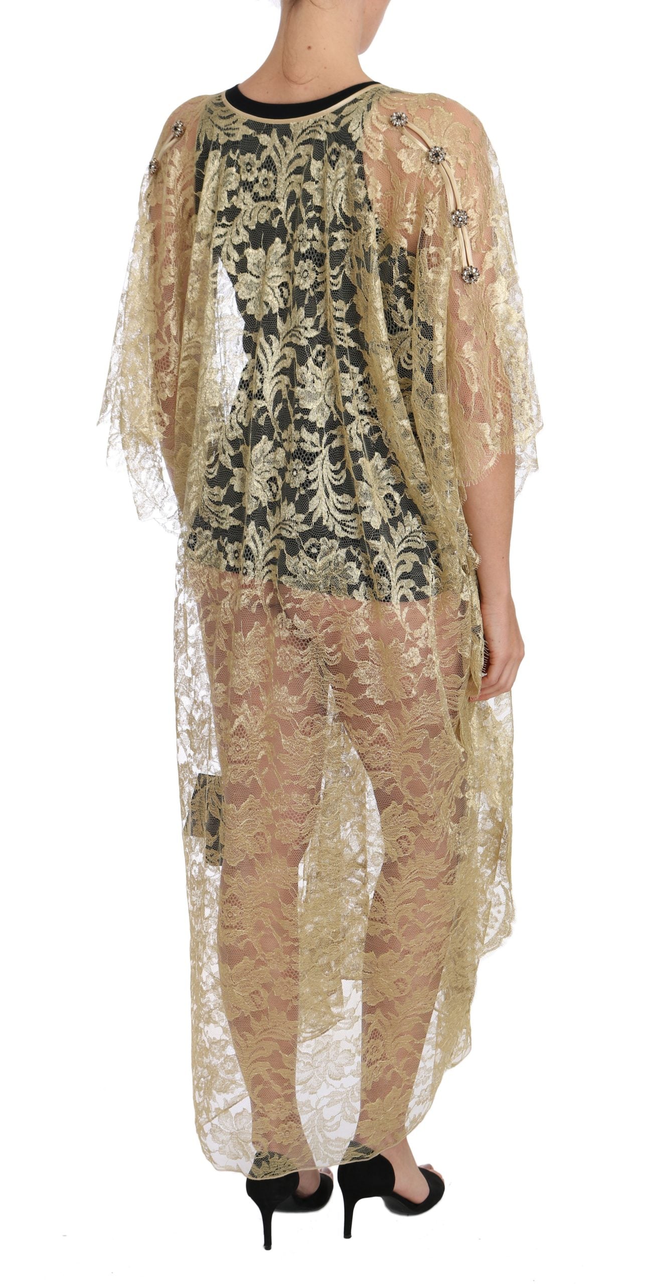 Dolce & Gabbana Gold Floral Lace Crystal Dress Cape Dress-2