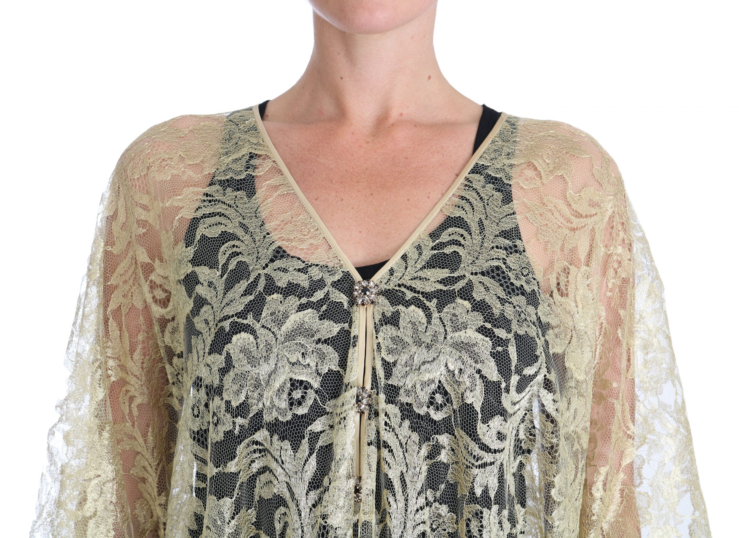 Dolce & Gabbana Gold Floral Lace Crystal Dress Cape Dress-3