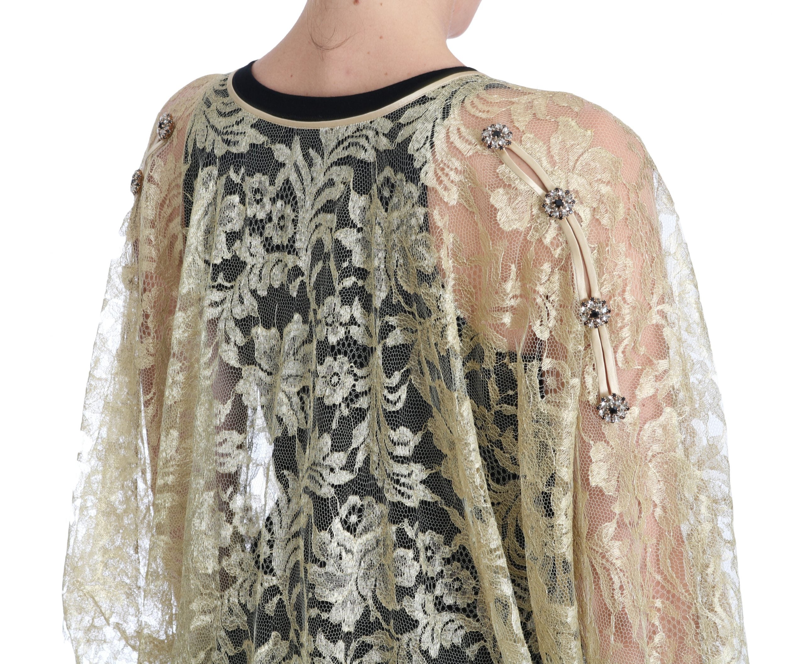 Dolce & Gabbana Gold Floral Lace Crystal Dress Cape Dress-4