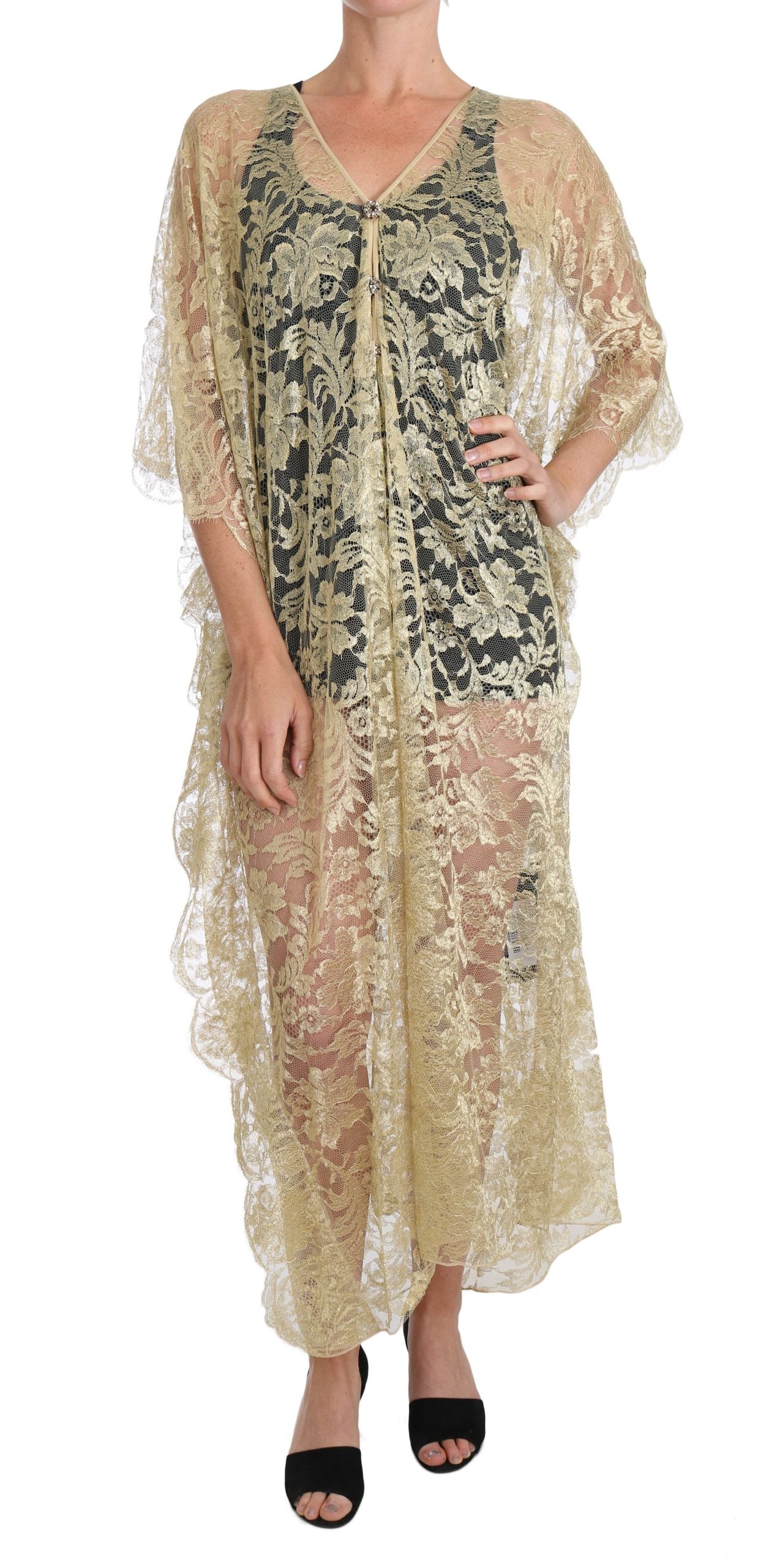 Dolce & Gabbana Gold Floral Lace Crystal Dress Cape Dress-1