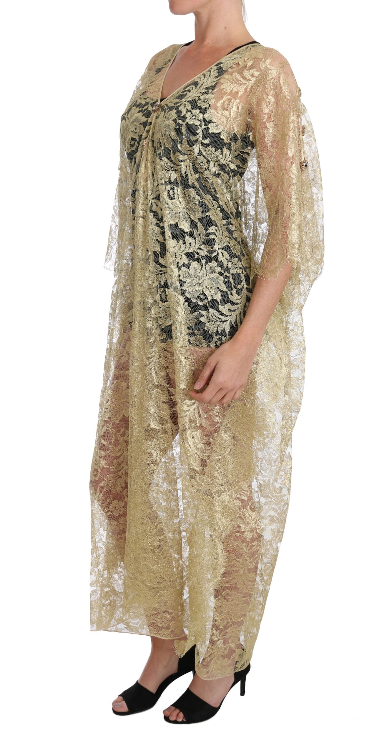 Dolce & Gabbana Gold Floral Lace Crystal Dress Cape Dress-5