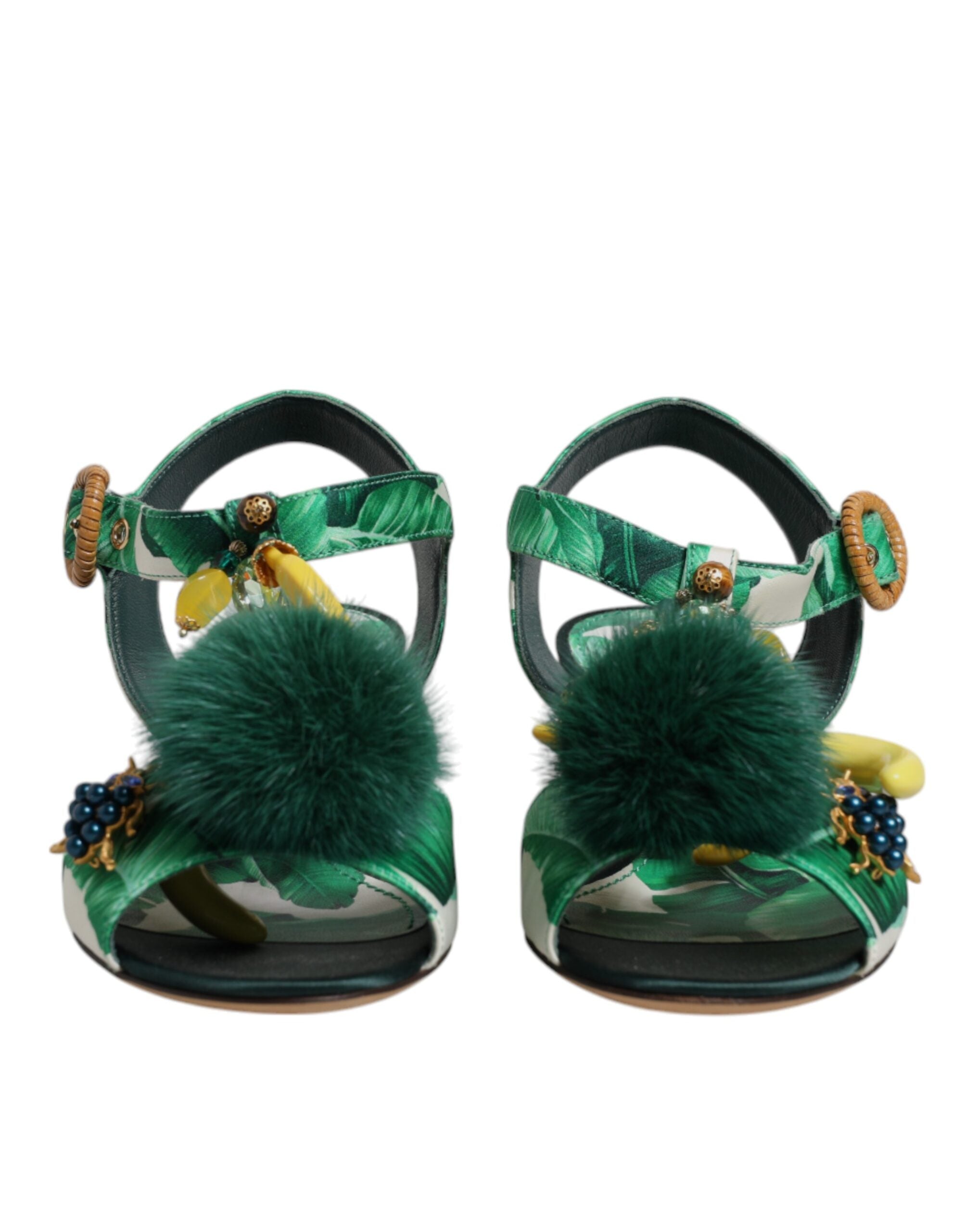 Dolce & Gabbana Green Crystal Fur Embellished Sandals Shoes-2