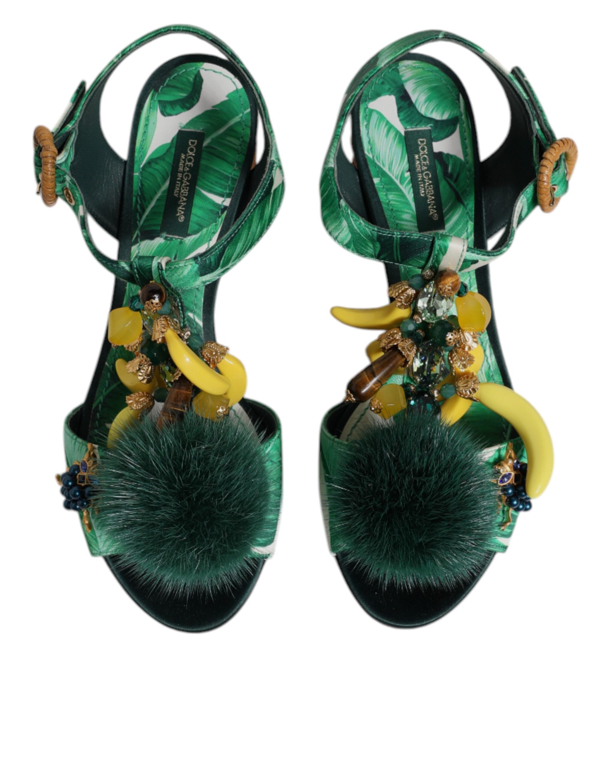 Dolce & Gabbana Green Crystal Fur Embellished Sandals Shoes-3